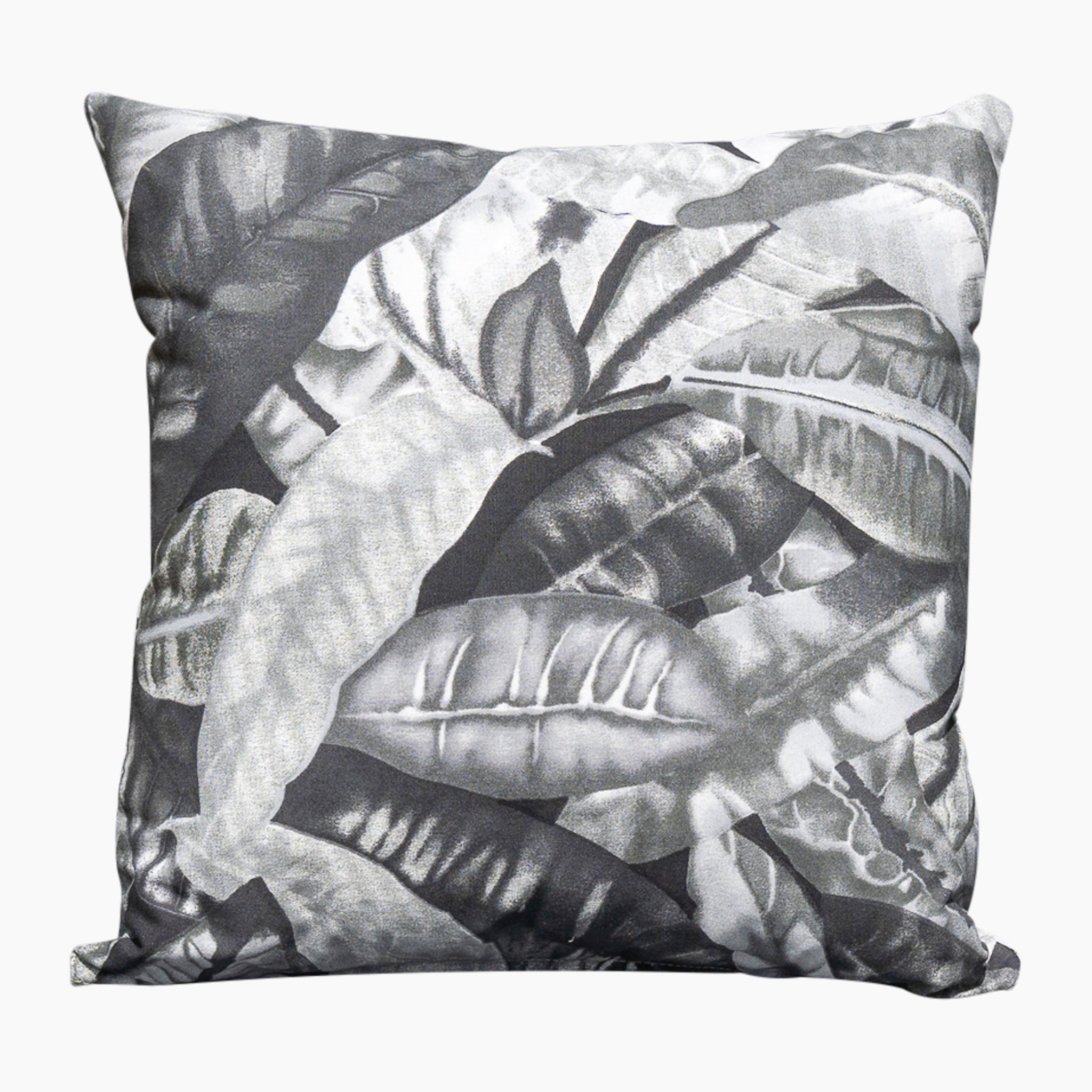 Introducing the Acrisol Amazonia Gris Small Scatter Cushion - 25cm x 25cm: a square pillow featuring a striking black and white leaf pattern on a light backdrop. Made from durable solution-dyed acrylic, it's perfect for outdoor use.