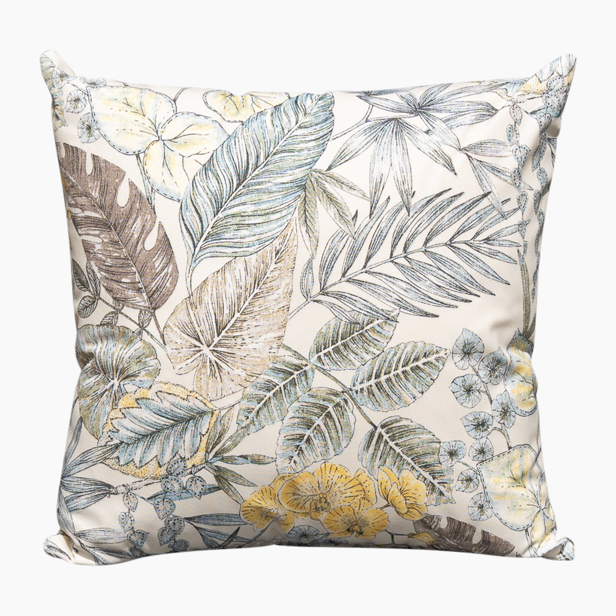 The Acrisol Bouquet Neutrals Medium Scatter Cushion, measuring 45cm x 45cm, features a tropical leaf and flower pattern in shades of green, yellow, blue, and brown. Crafted from solution-dyed acrylic for lasting vibrancy, it's perfect for outdoor scatter cushions.