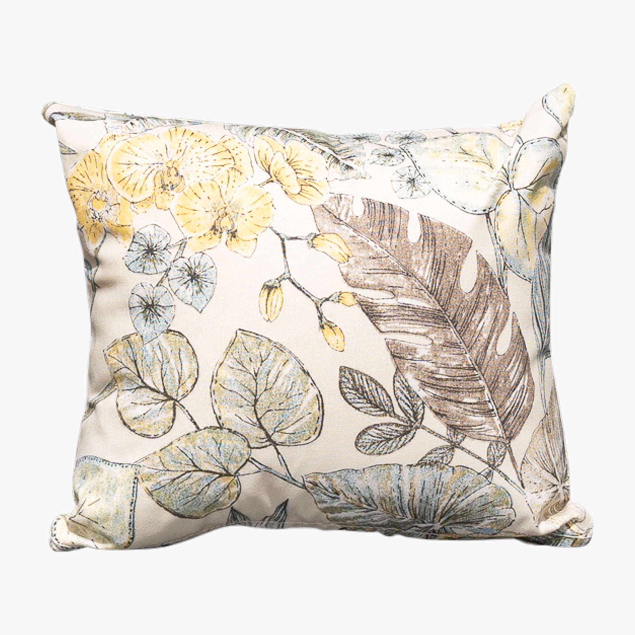 The Acrisol Bouquet Neutrals Small Scatter Cushion, measuring 25cm x 25cm, features a nature-inspired pattern of flowers and leaves in shades of yellow, beige, and blue. Ideal for garden personalization, these outdoor scatter cushions are made from durable solution-dyed acrylic.