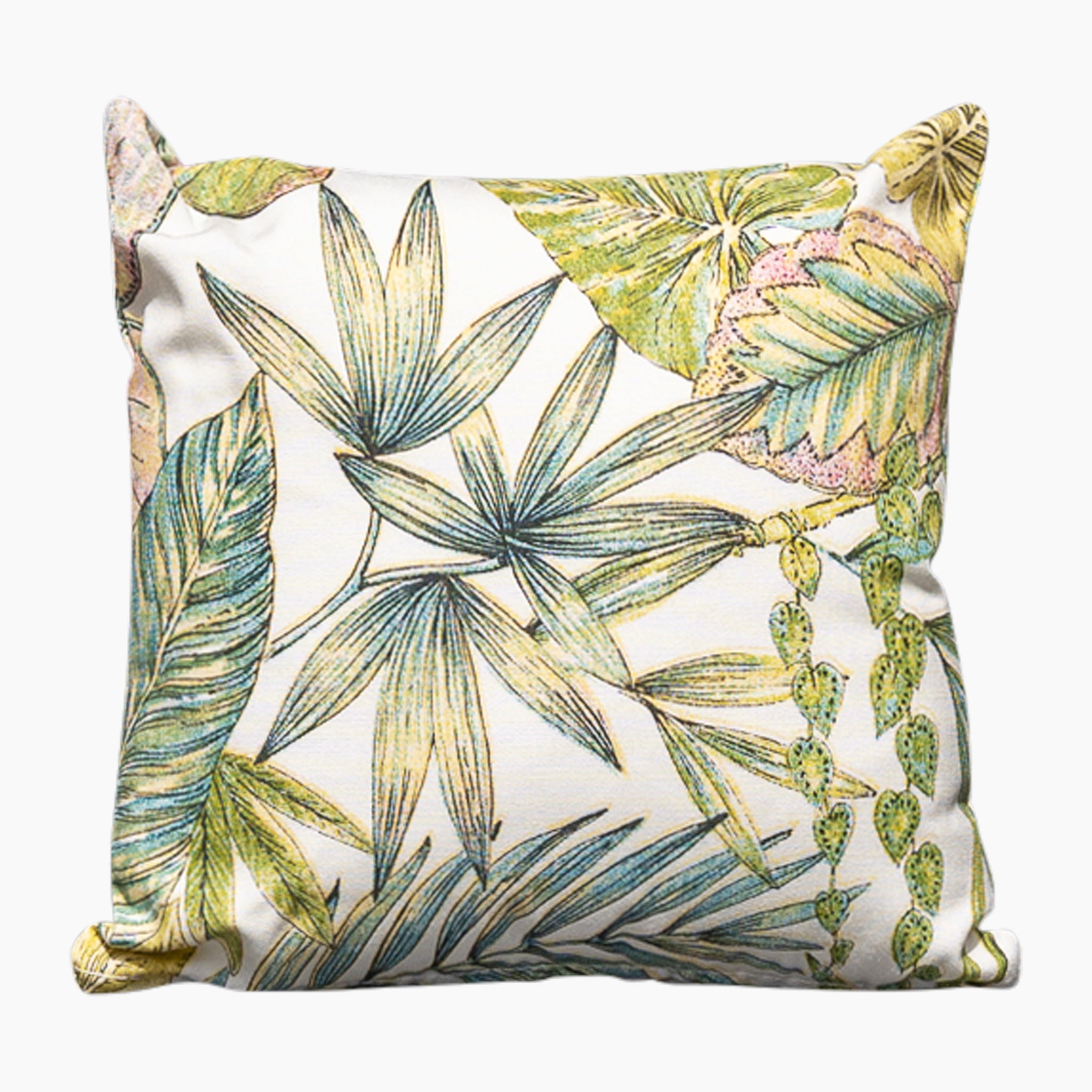 Introducing the Acrisol Bouquet Multi Small Scatter Cushion - 25cm x 25cm, adorned with a botanical print featuring green and yellow leaves on a light background. Crafted from solution-dyed acrylic, this stylish pillow is perfect for outdoor use, seamlessly combining elegance and durability for your Harbour Lifestyle cushions collection.