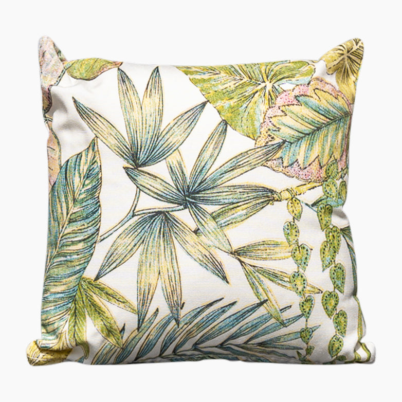 Introducing the Acrisol Bouquet Multi Small Scatter Cushion - 25cm x 25cm, adorned with a botanical print featuring green and yellow leaves on a light background. Crafted from solution-dyed acrylic, this stylish pillow is perfect for outdoor use, seamlessly combining elegance and durability for your Harbour Lifestyle cushions collection.