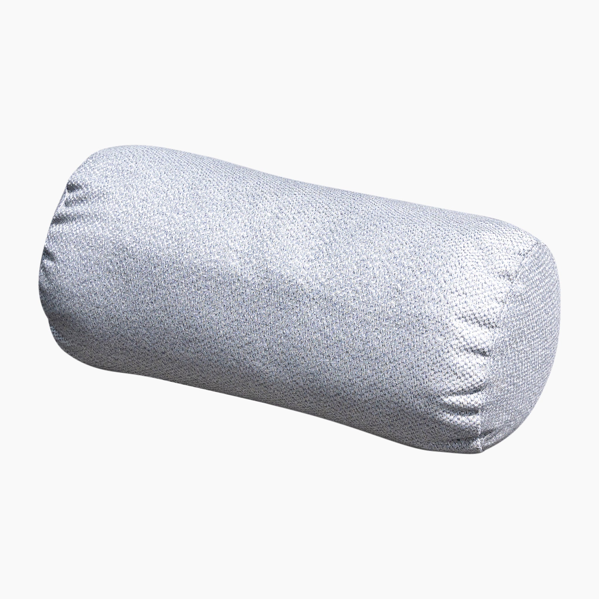 A light gray cylindrical bolster pillow against a white background, made from durable solution-dyed acrylic with a textured fabric surface, is described as the Acrisol Helix Gris Claro Large Round Bolster Floor Cushion - 72cm x 35cm.