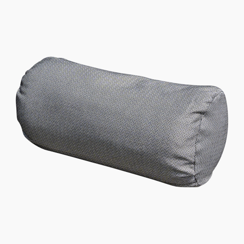 The Agora Senda Ceniza Large Round Bolster Floor Cushion - 72cm x 35cm is a cylindrical grey pillow featuring a textured fabric pattern, made from durable solution-dyed acrylic.