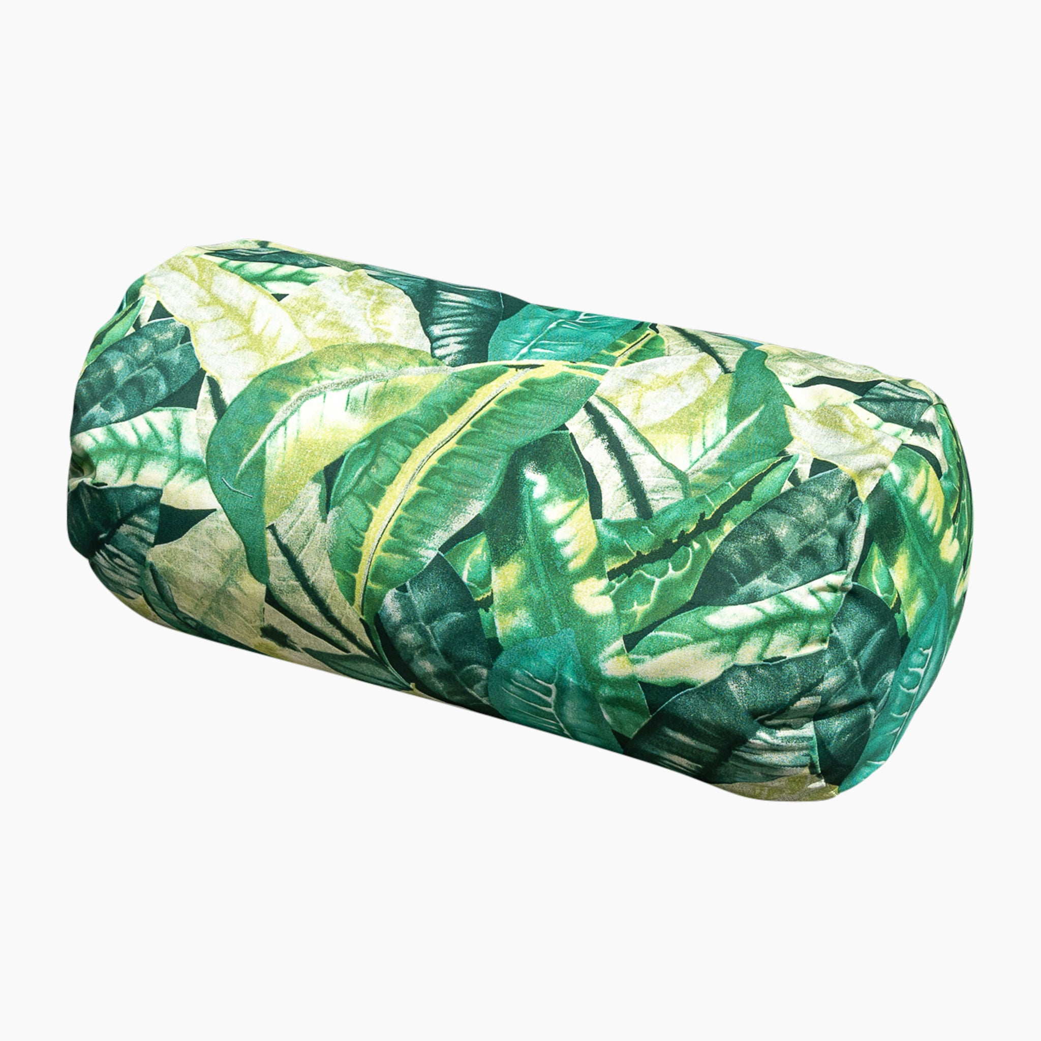 Introducing the Acrisol Amazonia Verde Large Round Bolster Floor Cushion, a 72cm x 35cm cylindrical pillow featuring a vibrant green tropical leaf pattern on a white background, meticulously crafted from the finest solution-dyed acrylic.
