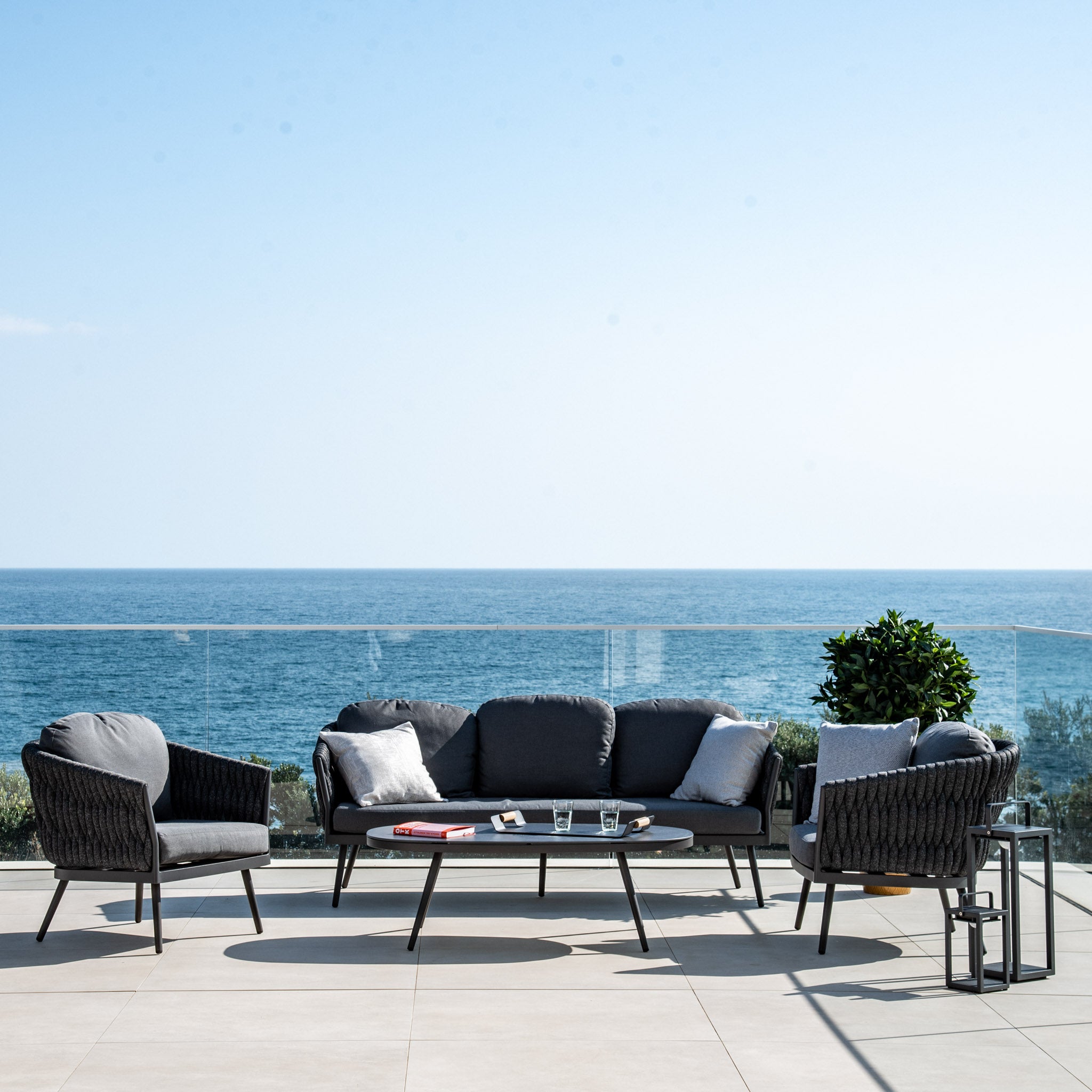 Palma 3 Seat Rope Sofa Set with Ceramic Table in Grey