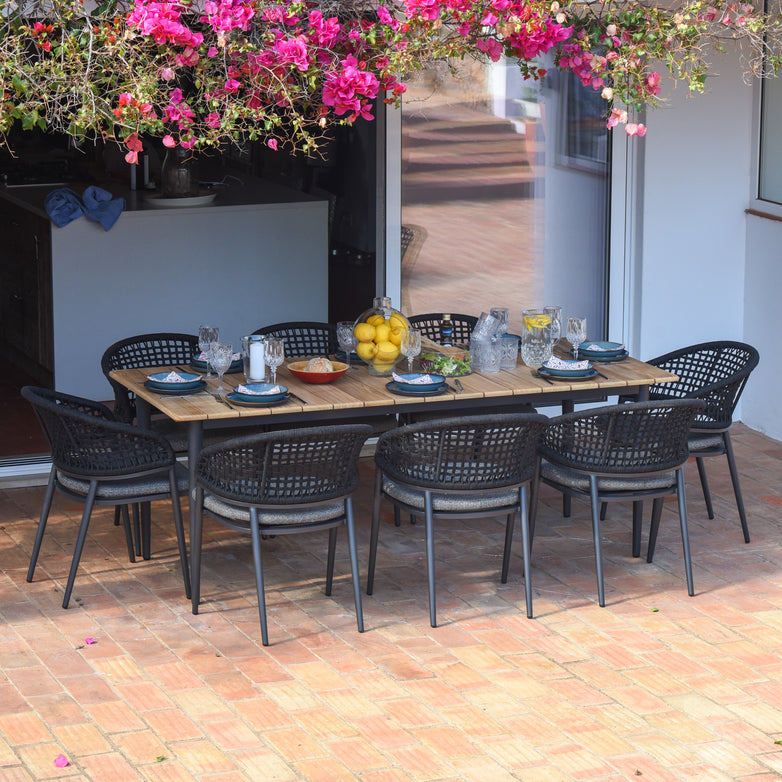 Kalama 8 Seat Rectangular Dining Set with Teak Table in Charcoal