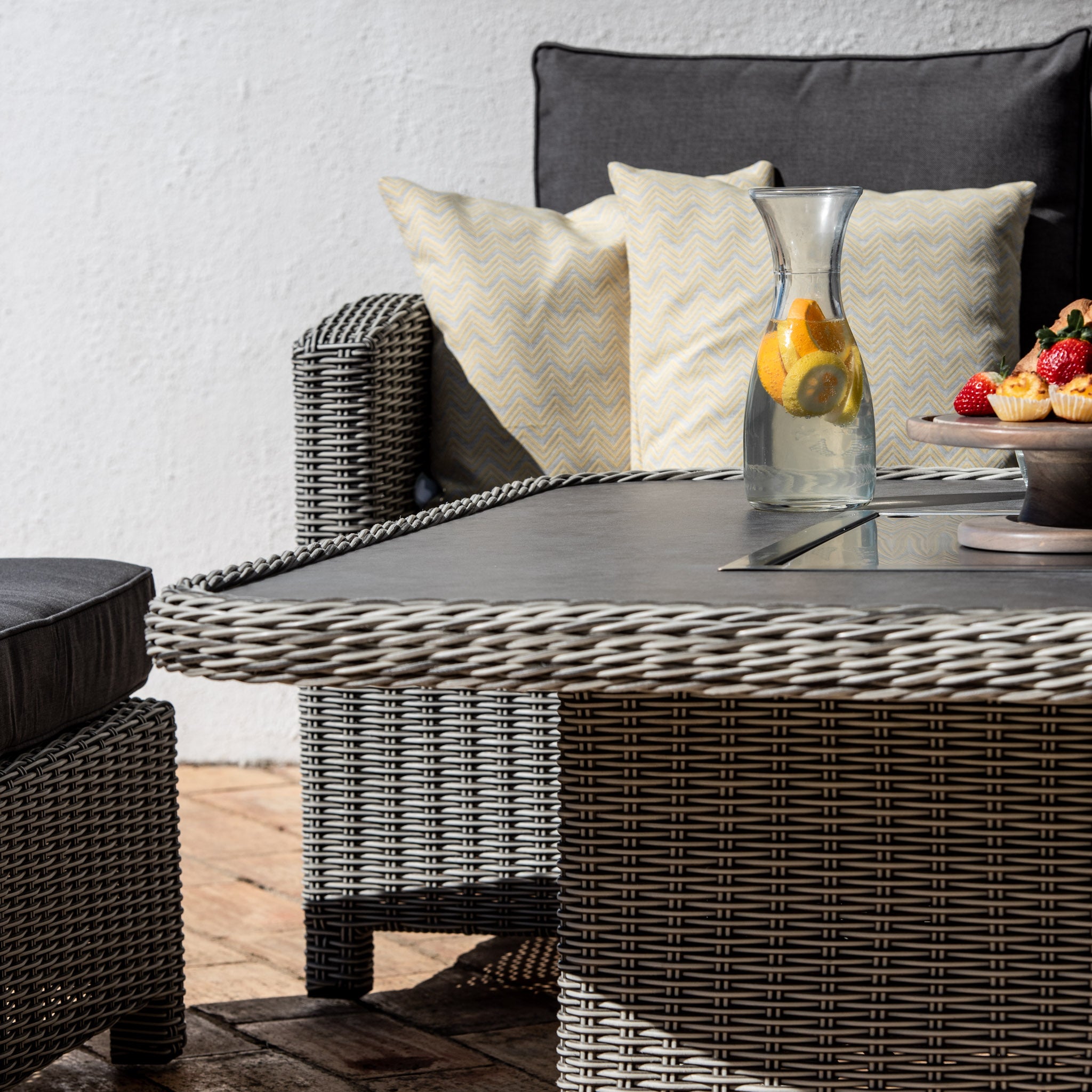 Santiago Deluxe Square Rattan Corner Dining Set with Rising Firepit Table in Grey