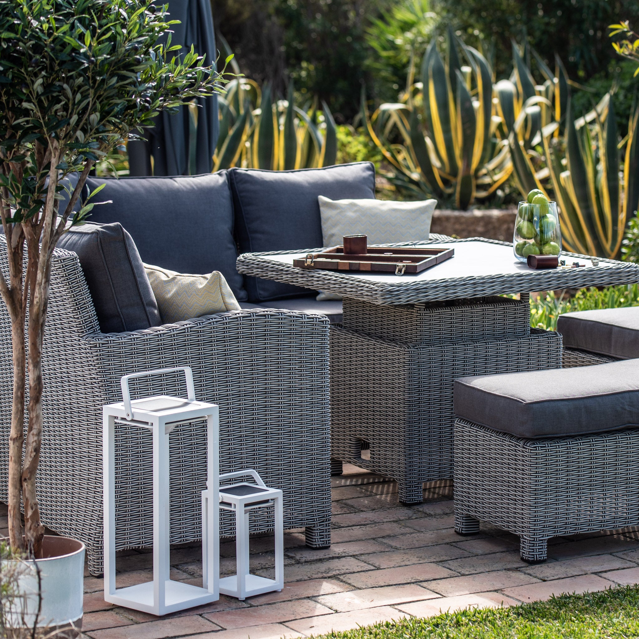 Santiago Square Rattan Corner Dining Set with Rising Table in Grey