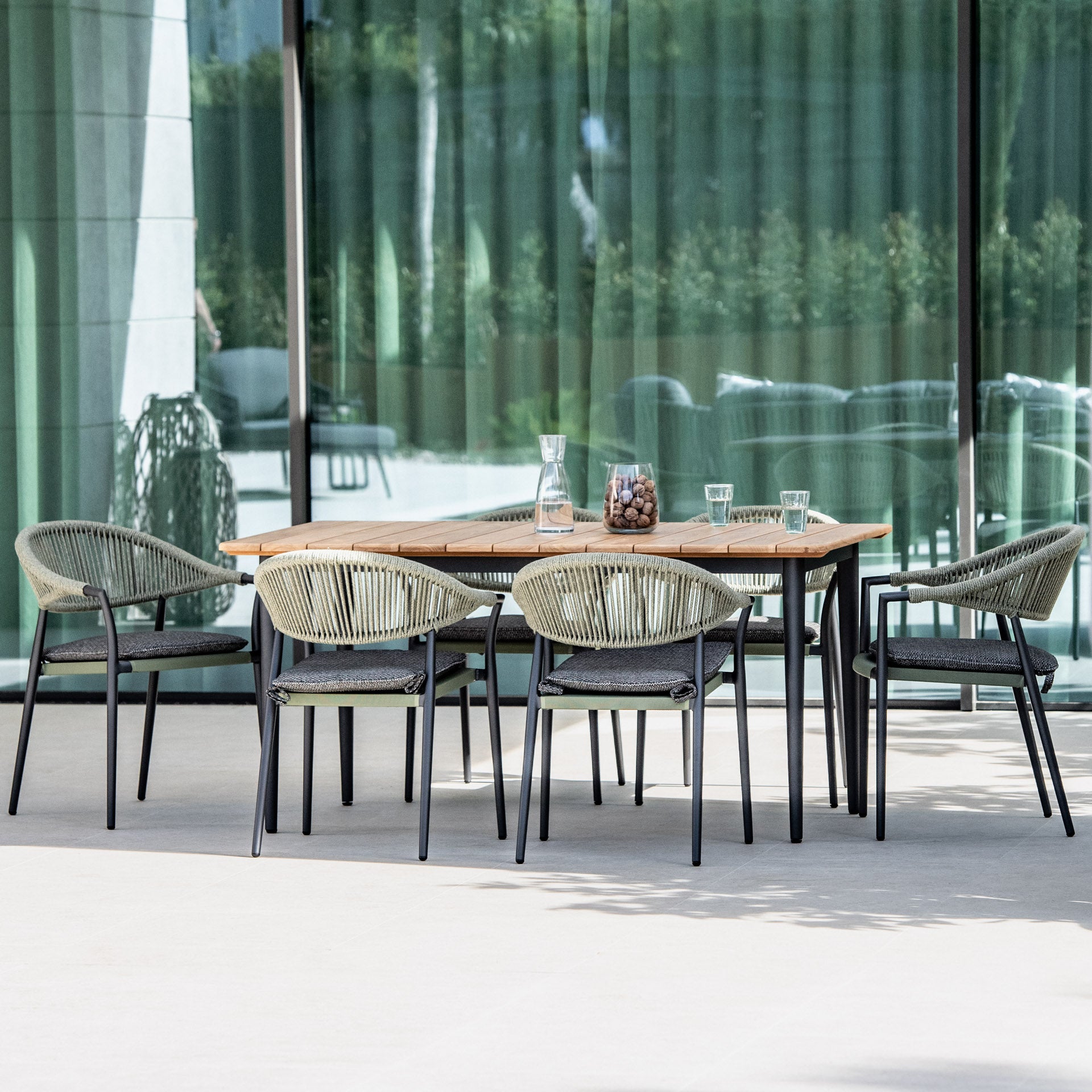 Cloverly 6 Seat Rectangular Dining with Teak Table in Olive Green