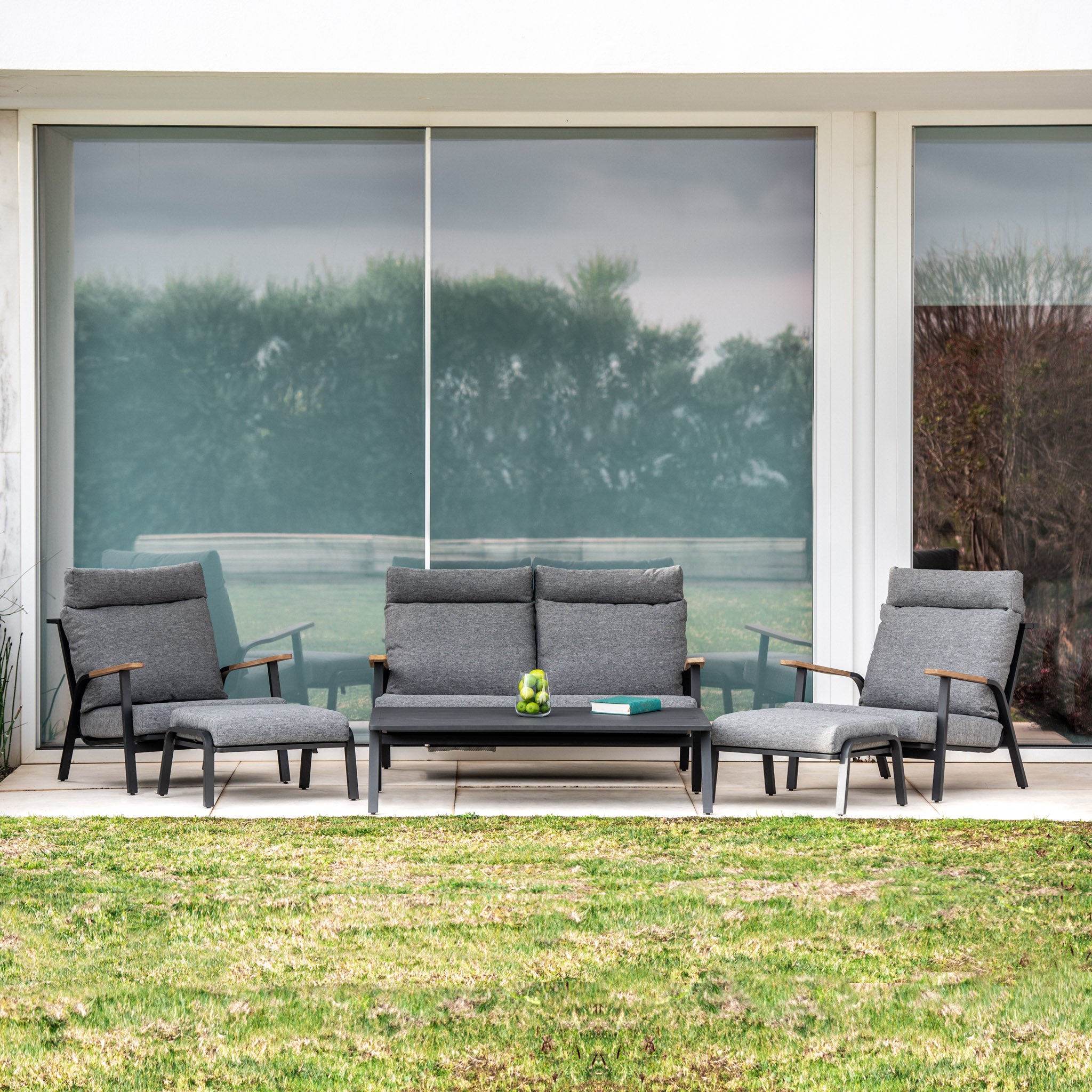 Lima 2 Seat Sofa Set With Coffee Table and Footstools in Washed Grey