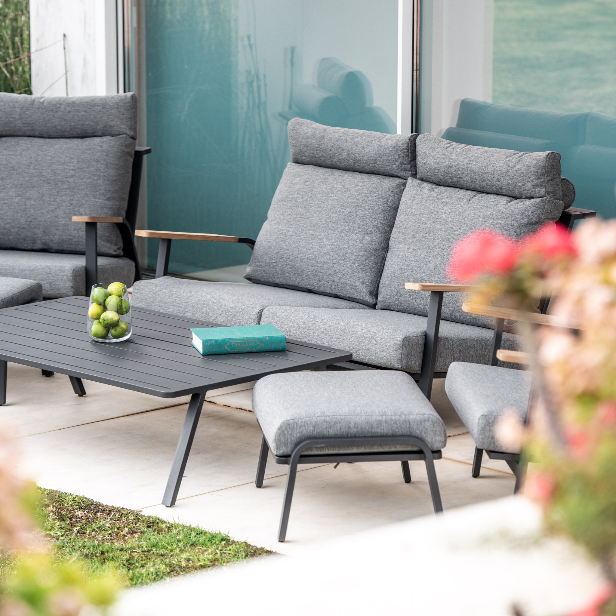 Lima 2 Seat Sofa Set With Coffee Table and Footstools in Washed Grey