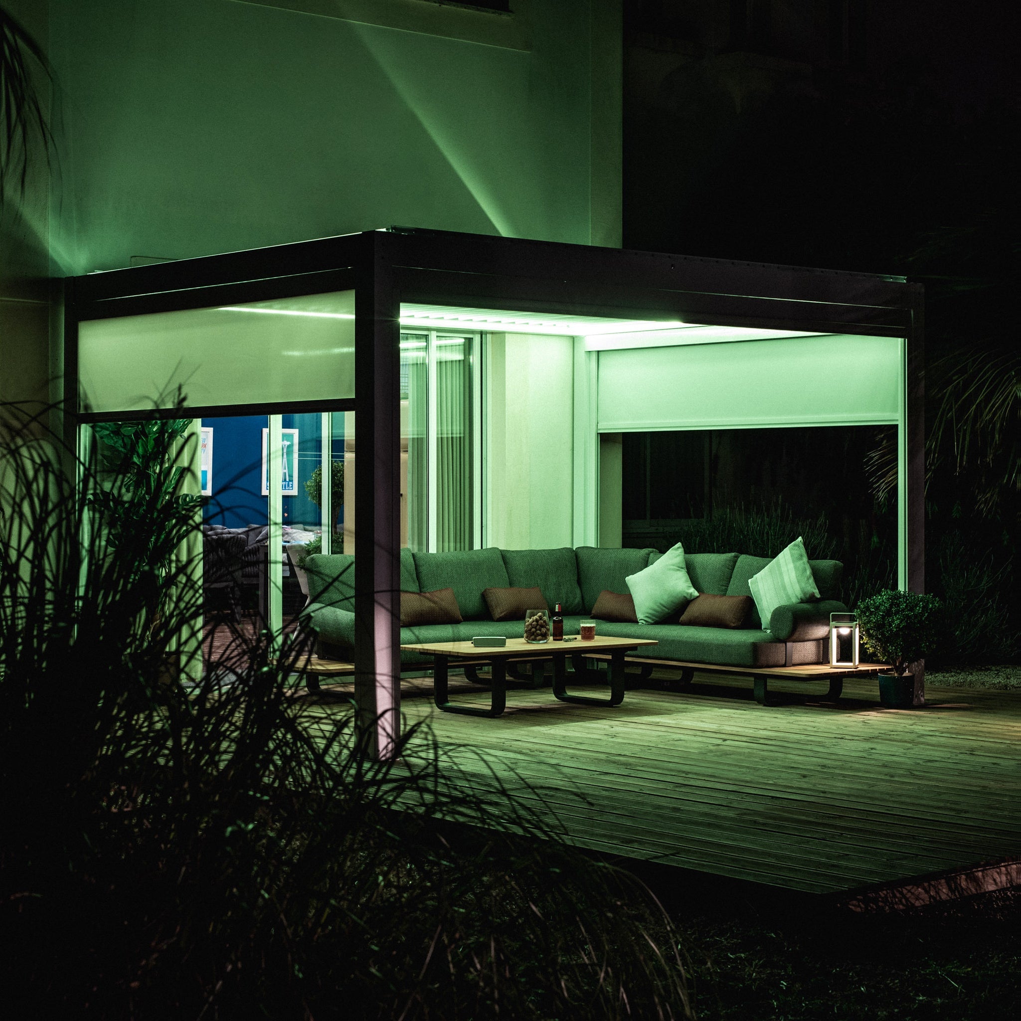 PergoSTET 4m x 4m Square Pergola with 3 Drop Sides and LED Lighting in Grey