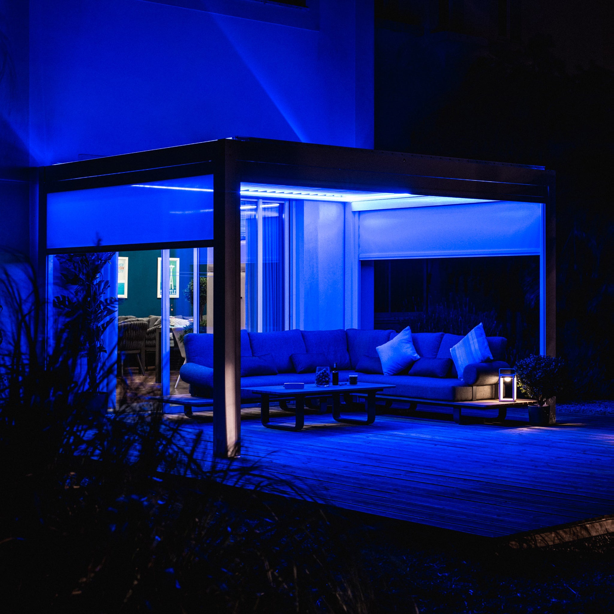 PergoSTET 3m x 3m Square Pergola with 3 Drop Sides and LED Lighting in White