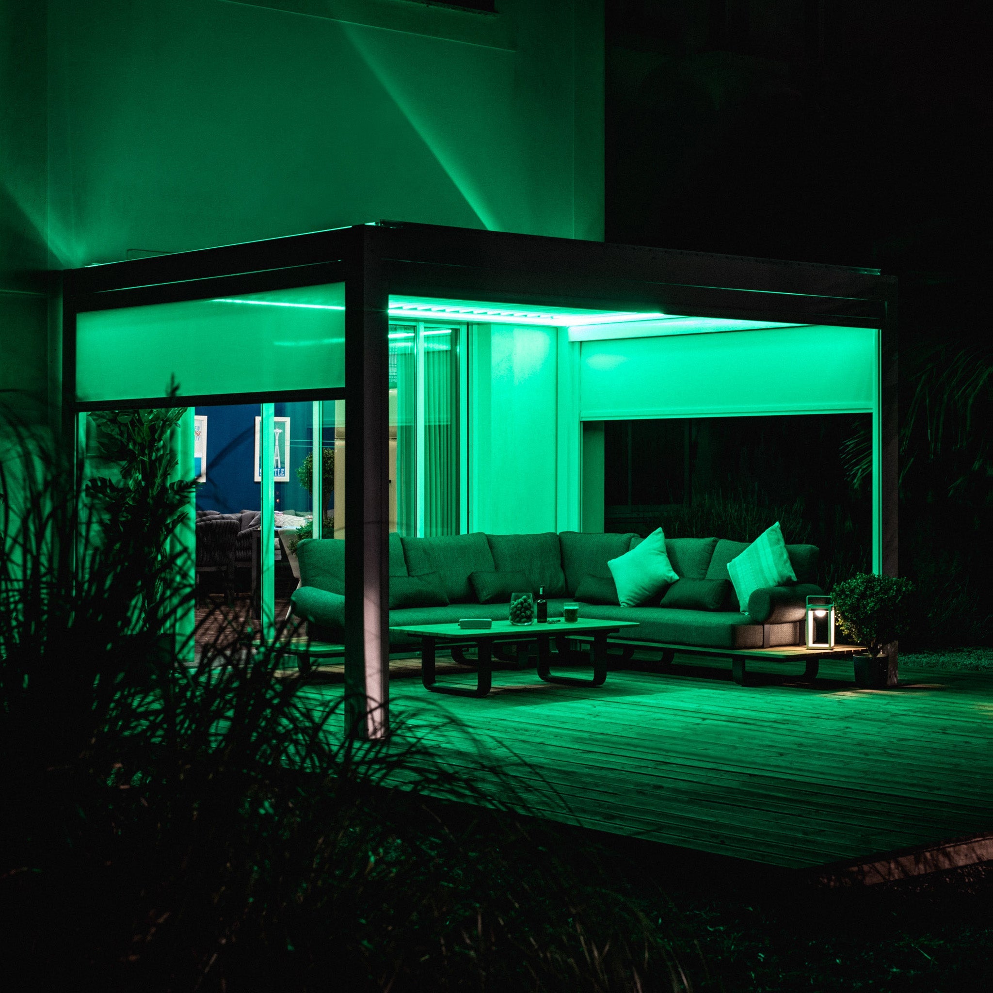 PergoSTET 4m x 4m Square Pergola with 3 Drop Sides and LED Lighting in White