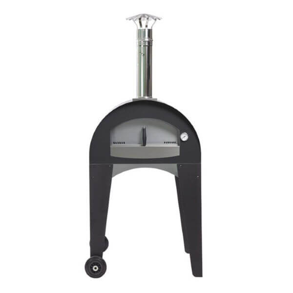 The Fontana Amalfi Wood Pizza Oven is a black, dome-shaped outdoor pizza oven featuring a stainless steel chimney and three legs, with one leg equipped with a wheel for easy portability.