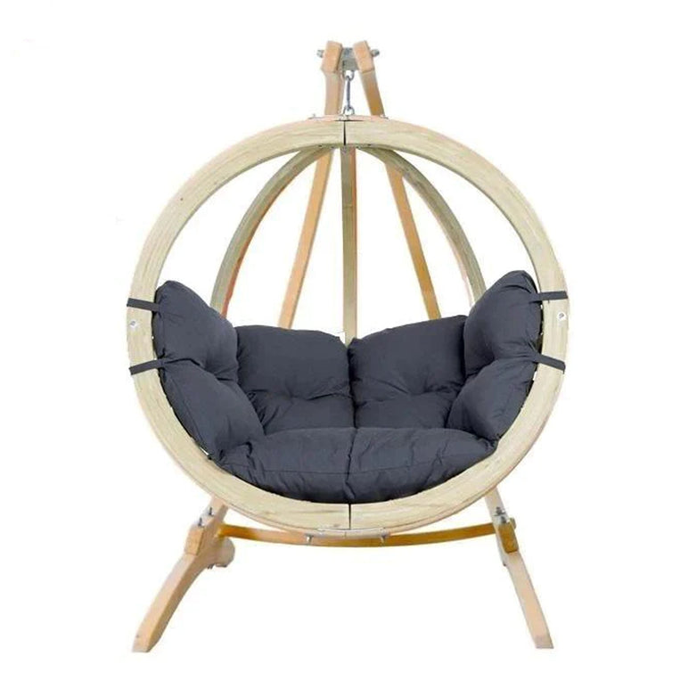 The Globo Hammock Single Seater Chair Set in Anthracite Grey features weatherproof cushions and a cushioned seat, supported by a sturdy wooden stand with galvanized metal fixings—ideal for enhancing your spruce garden furniture collection.