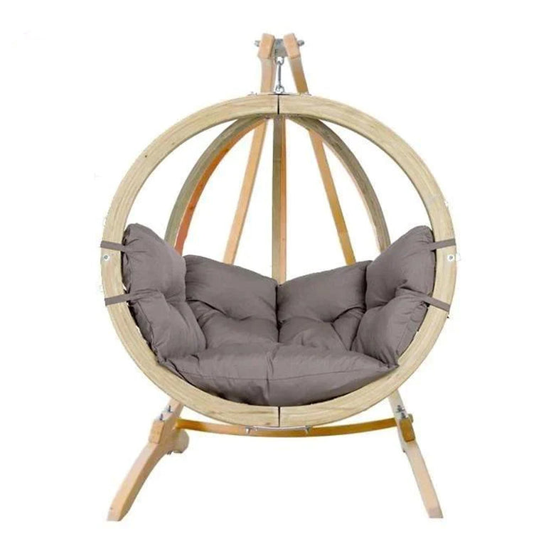 The Globo Hammock Single Seater Chair Set Weatherproof in Taupe Silver features a weatherproof spruce frame, durable galvanized fixings, a matching stand, and a cushioned gray seat with washable covers for lasting outdoor comfort.