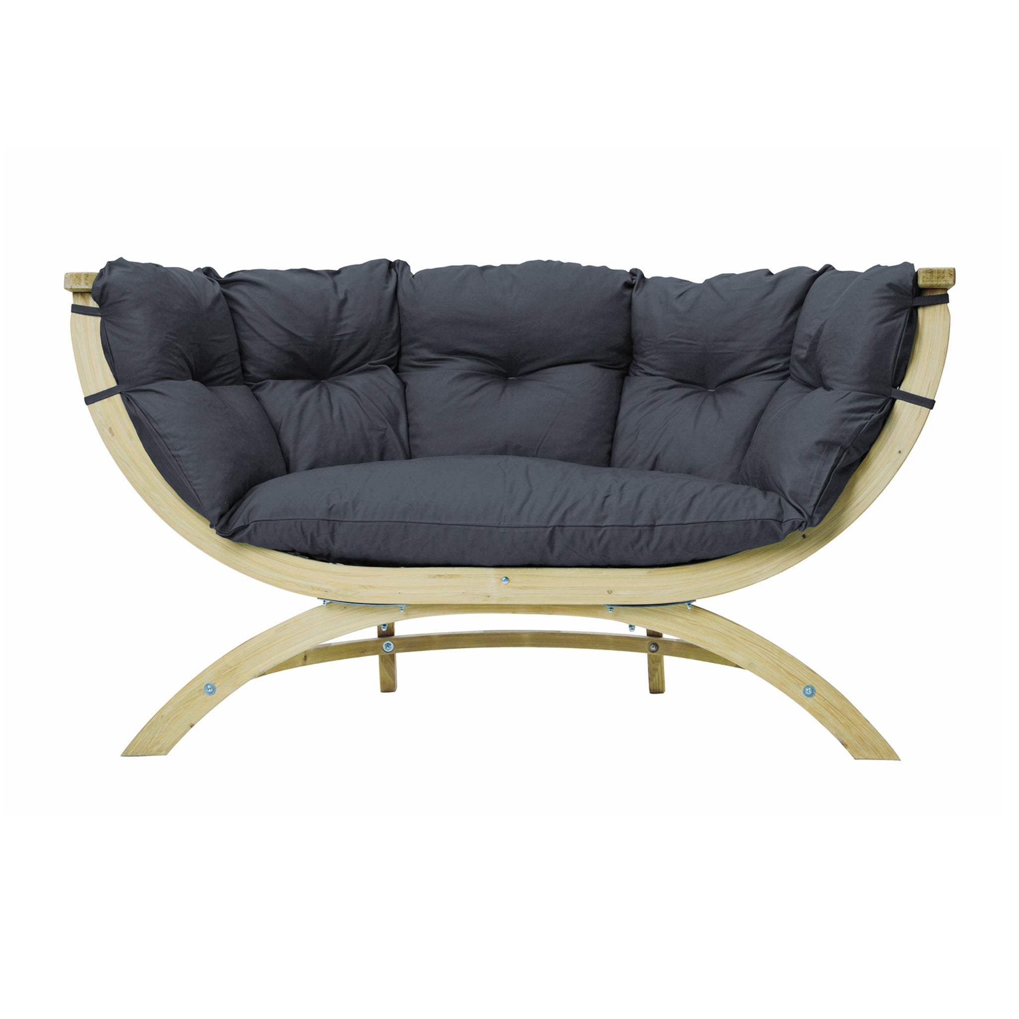 A contemporary cushioned chair, the Globo Siena Due Seat Weatherproof in Anthracite Grey, features a durable wooden frame crafted from sustainably sourced wood and an anthracite grey padded seat and backrest.