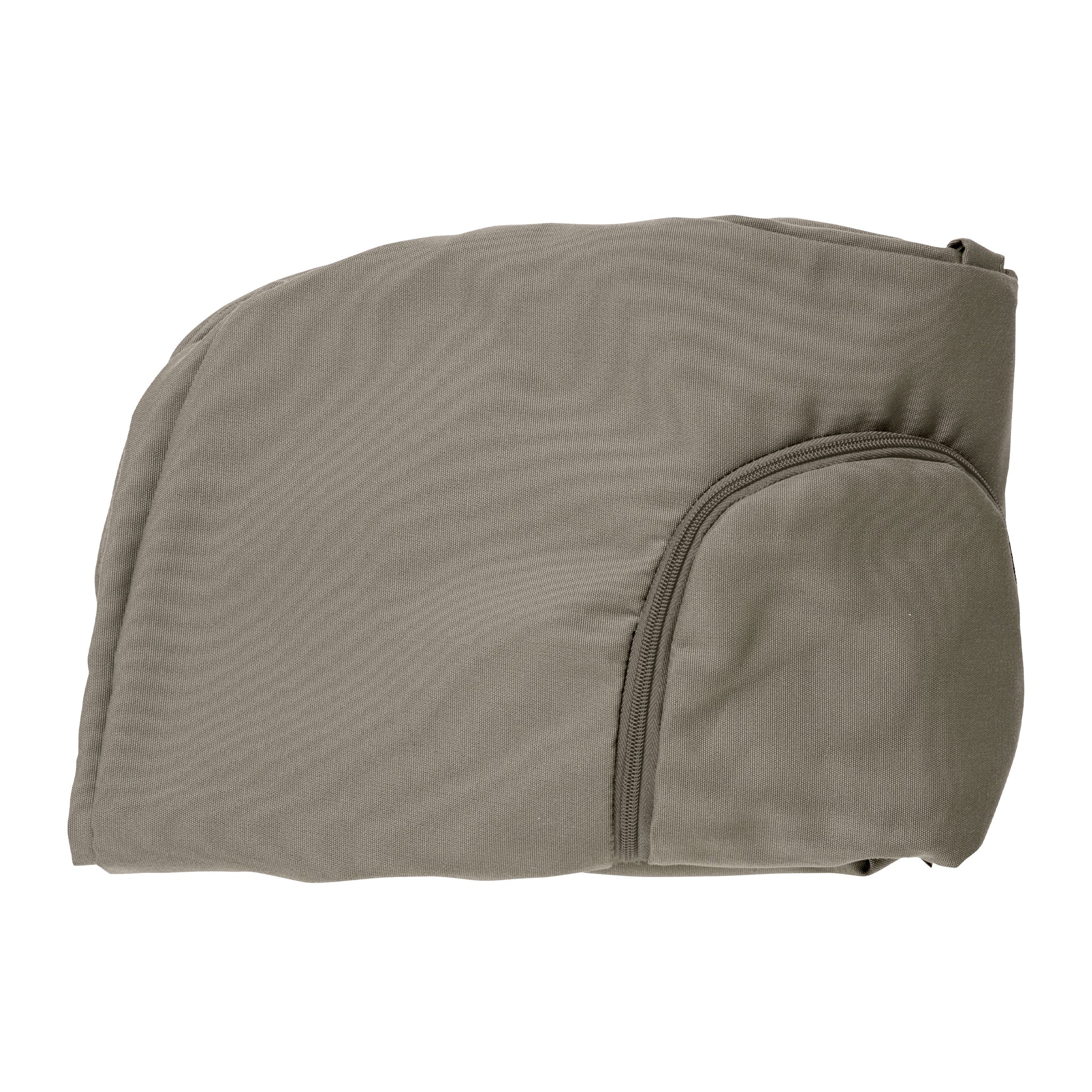 A weatherproof hat in olive green with a side pocket, perfect for both outdoor and indoor use.