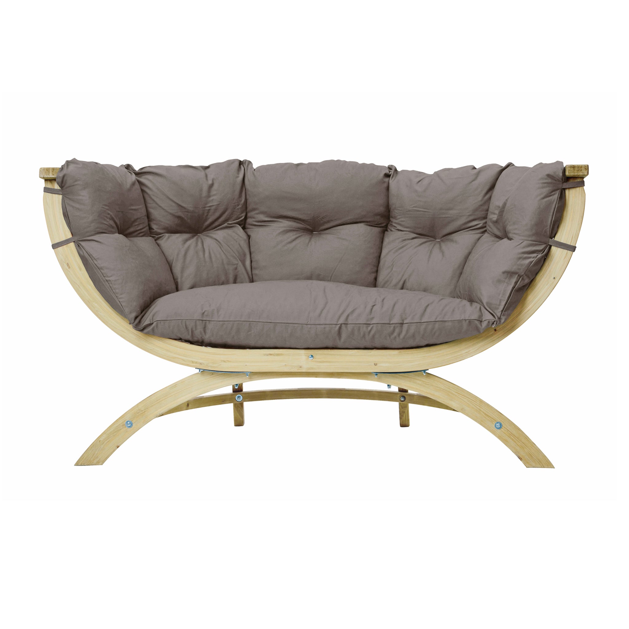 Introducing the Globo Siena Due Seat in Taupe Silver, a modern wooden loveseat featuring a curved frame and plush gray cushions, crafted from sustainable wood and perfect for both outdoor- and indoor use.