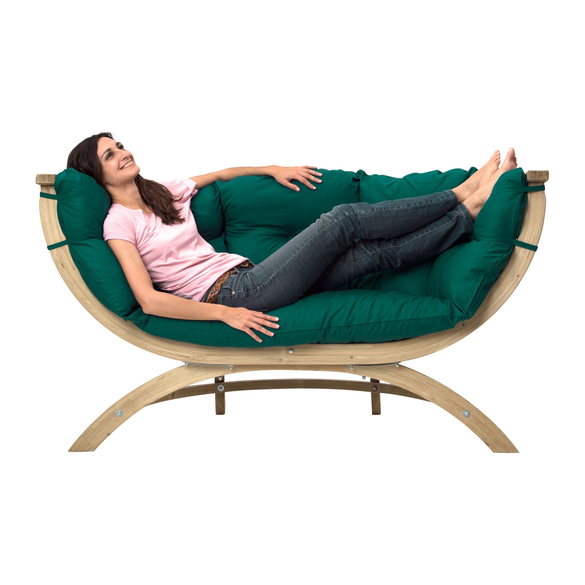 Woman in a pink shirt lounging comfortably on the elegant, green-cushioned Globo Siena Due Seat Weatherproof in Verde Green with a sustainable wooden frame.