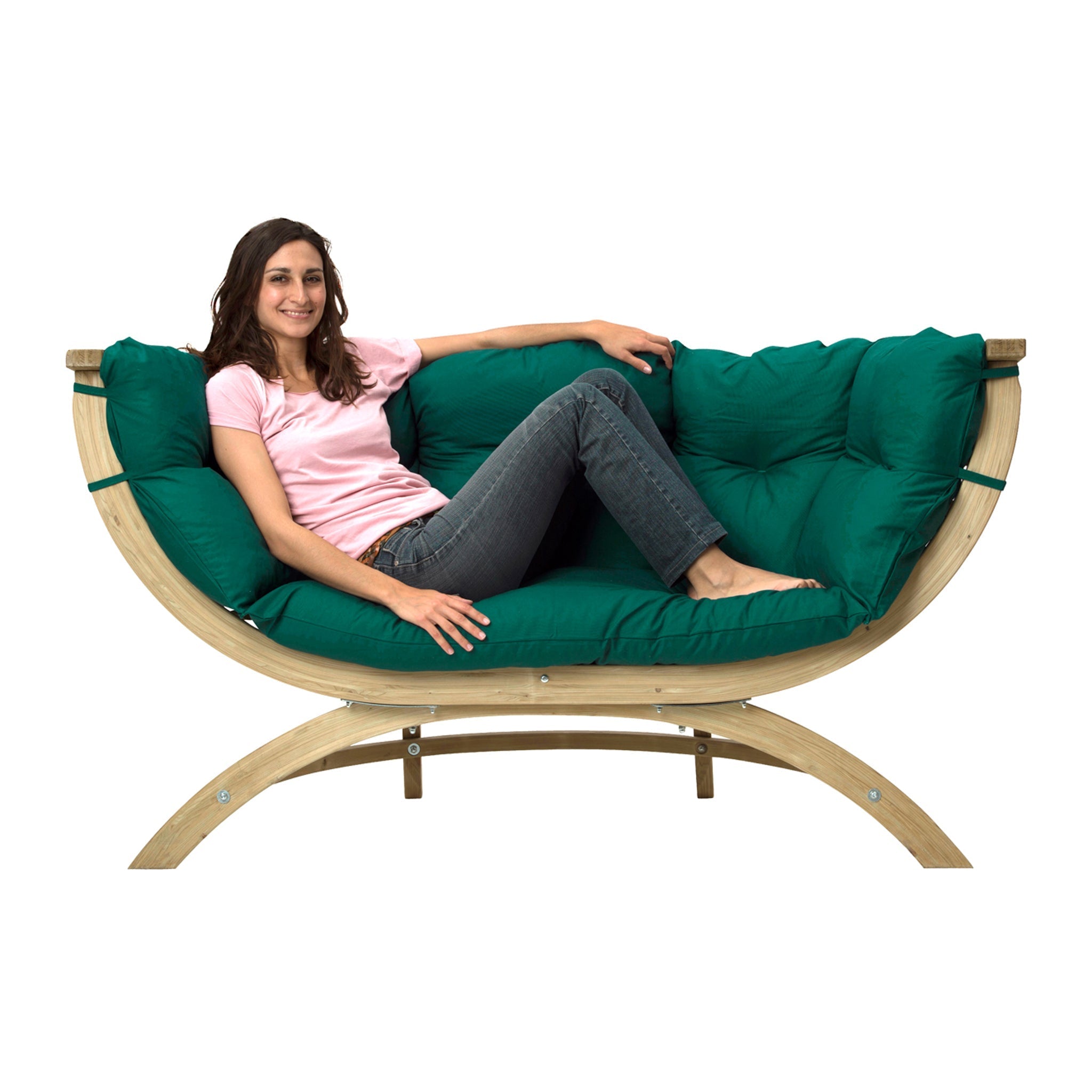 A woman relaxing on the elegant Globo Siena Due Seat Weatherproof in Verde Green, featuring a sophisticated curved wooden frame crafted from sustainable materials.
