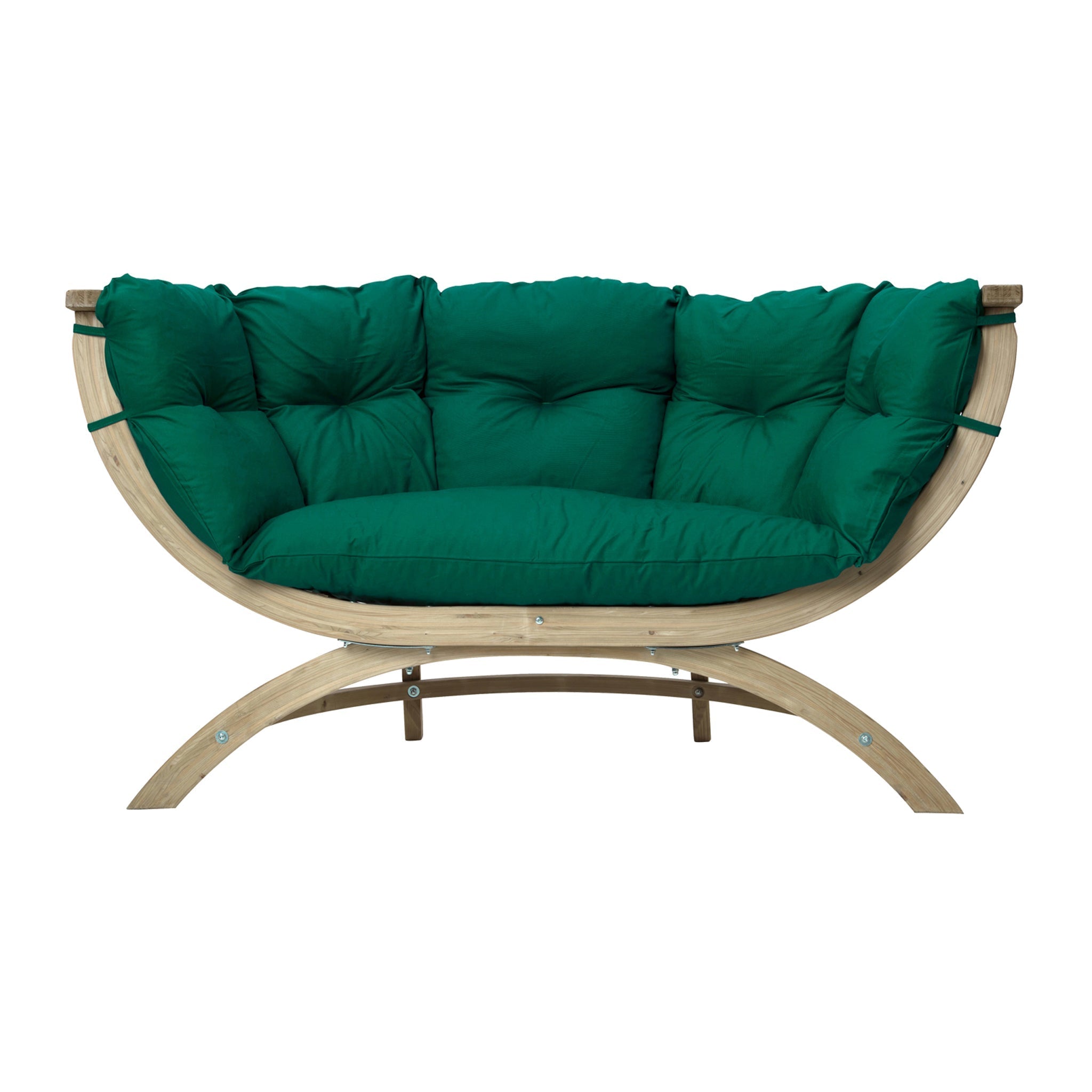 Curved wooden garden bench, the Globo Siena Due Seat Weatherproof in Verde Green, with cushioned seating and a modern design featuring elegant seating and a washable cushion.