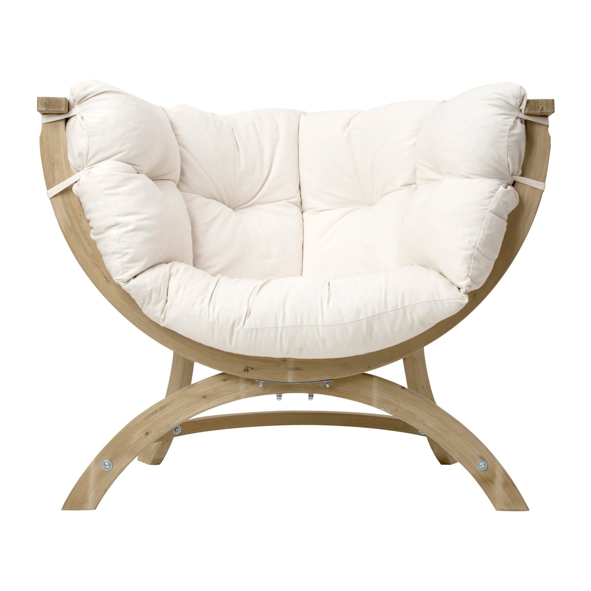 Introducing the Globo Siena Uno Seat in Cream Beige: a modern wooden chair crafted from sustainably sourced wood, featuring a rounded frame and a plush, cream beige upholstered washable cushion that resembles a crescent moon shape.