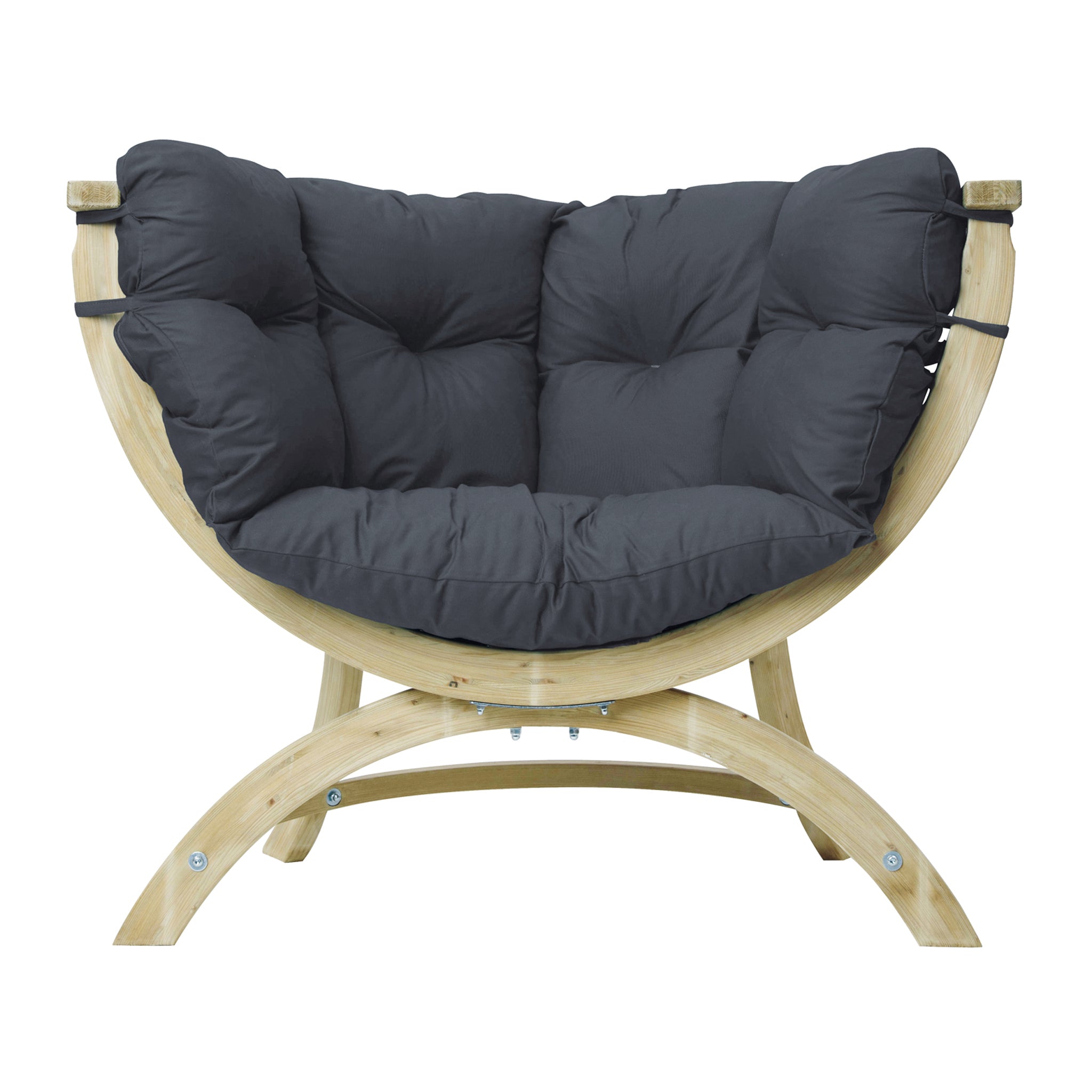 The Globo Siena Uno Seat Weatherproof in Anthracite Grey is a crescent-shaped wooden chair crafted from sustainably sourced wood, featuring plush, upholstered washable cushions and an Anthracite Grey seat with an arching support base.