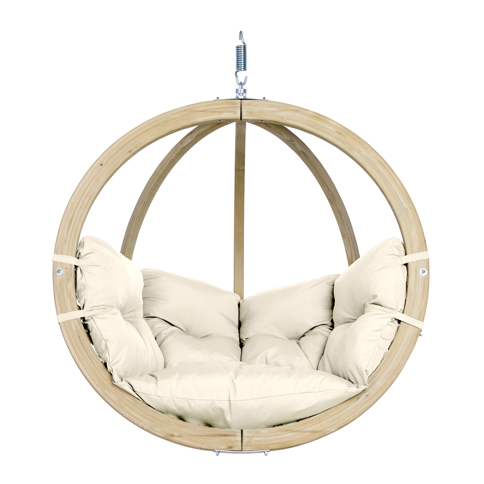 The Natura Globo Single Hanging Chair features a stylish wooden frame with beige cushions, creating a comfortable circular seating area. Suspended by a sturdy metal spring at the top, it is perfect for both indoor and outdoor living spaces, offering a blend of comfort and elegance.