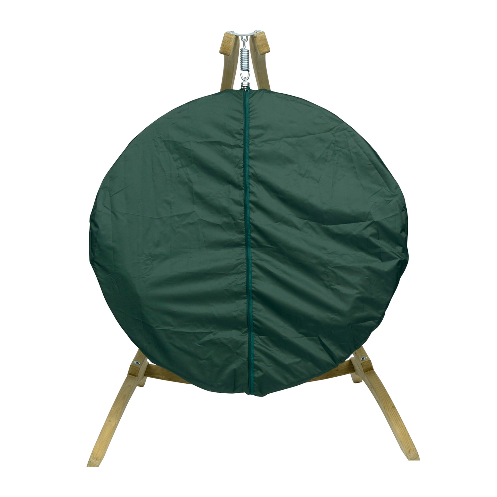 A green, round, zippered protective Globo Single Seater Rain Cover over a wooden-framed folding dish rack.