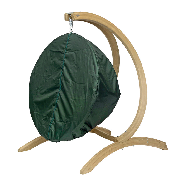Green Globo Single Hanging Chair with a wooden curved frame and the Globo Single Seater Rain Cover.
