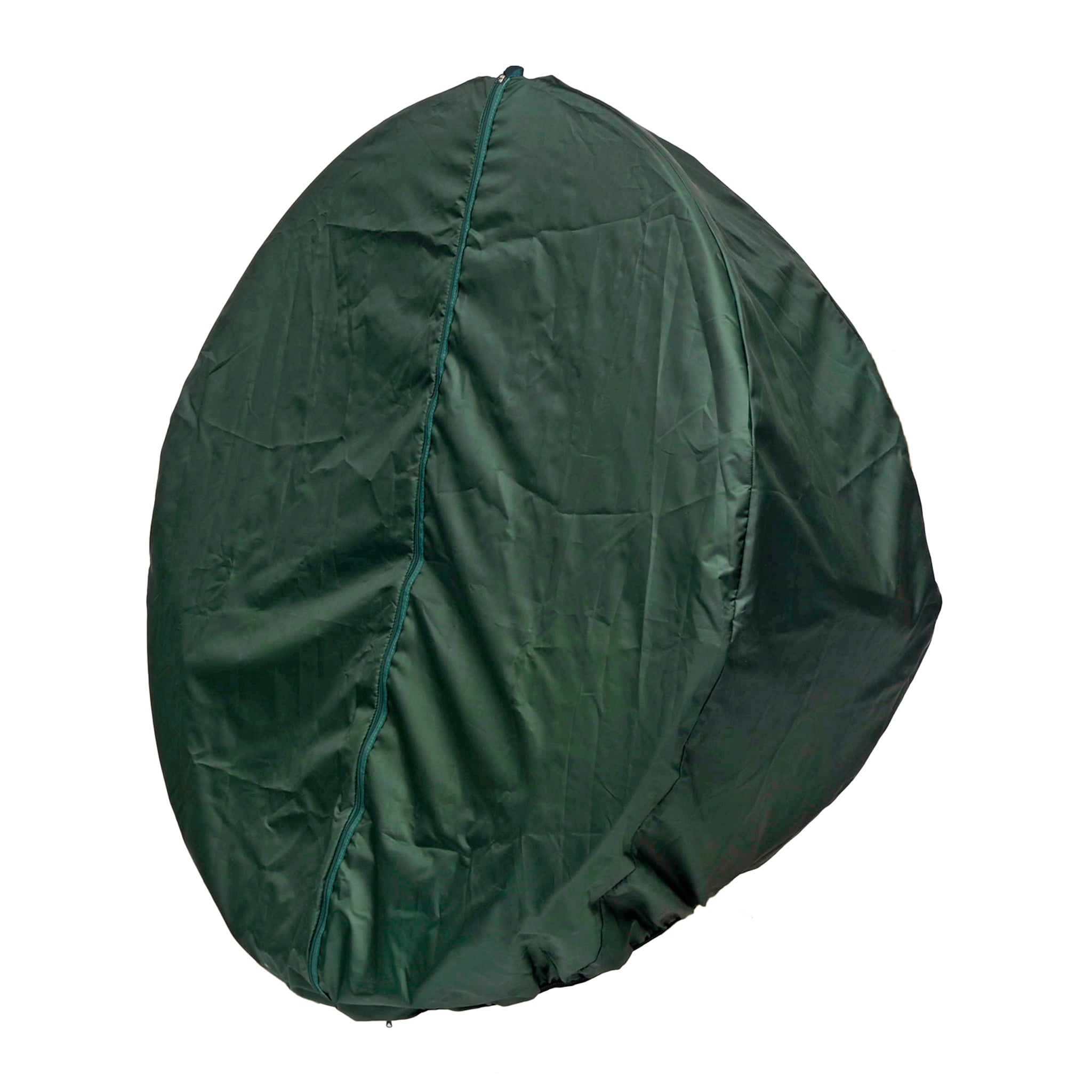 The Globo Single Seater Rain Cover, a large, green, round protective cover, completely encloses an unknown object and is fastened with a visible zipper along the side.