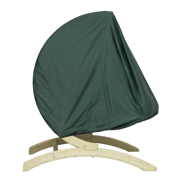 Product Details: Globo Single Seater Stand Cover for a green hammock chair with a curved wooden frame and a protective cover.