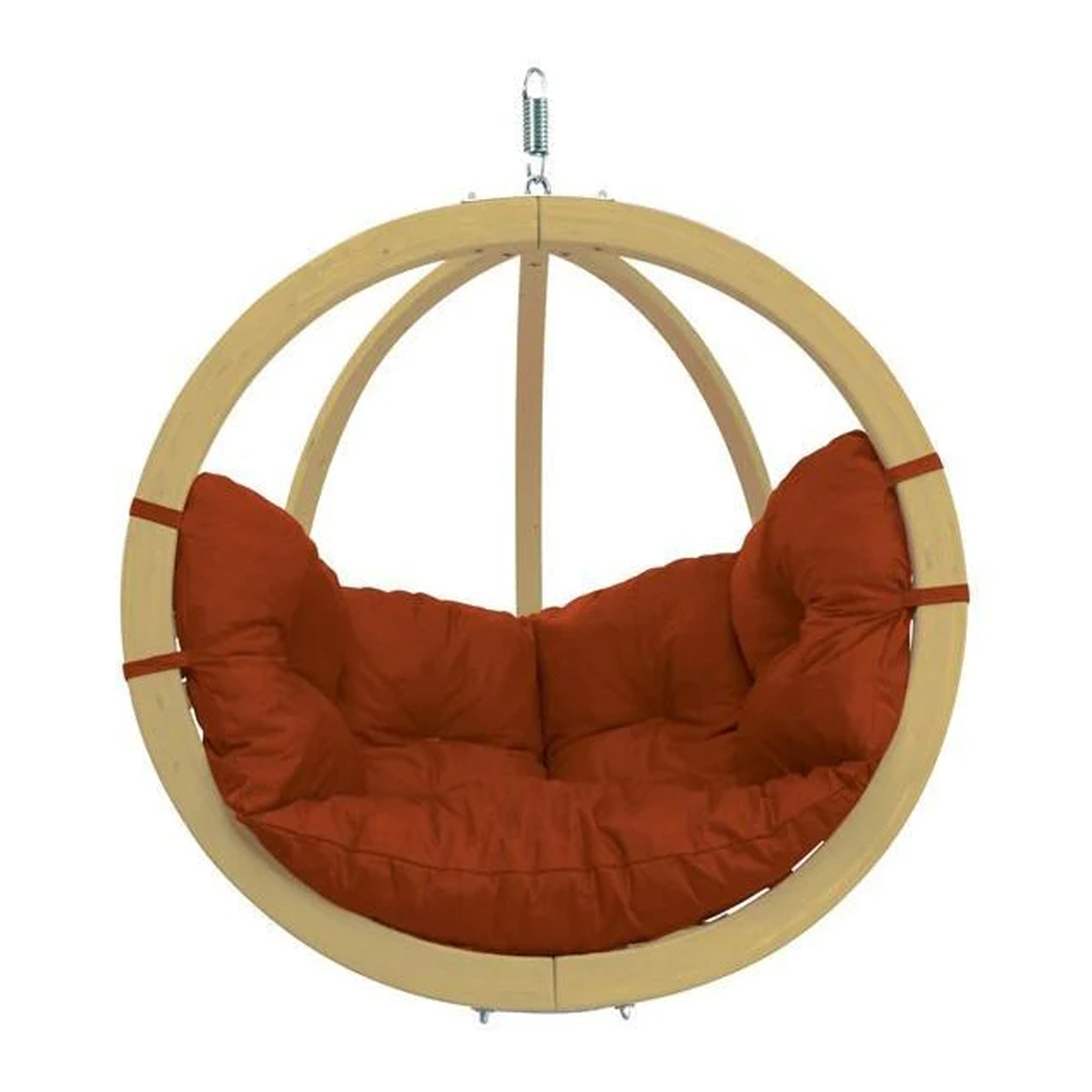 The Natura Globo Single Hanging Chair is a stylish circular wooden chair with a red cushioned seat, perfect for enhancing both indoor and outdoor living spaces.