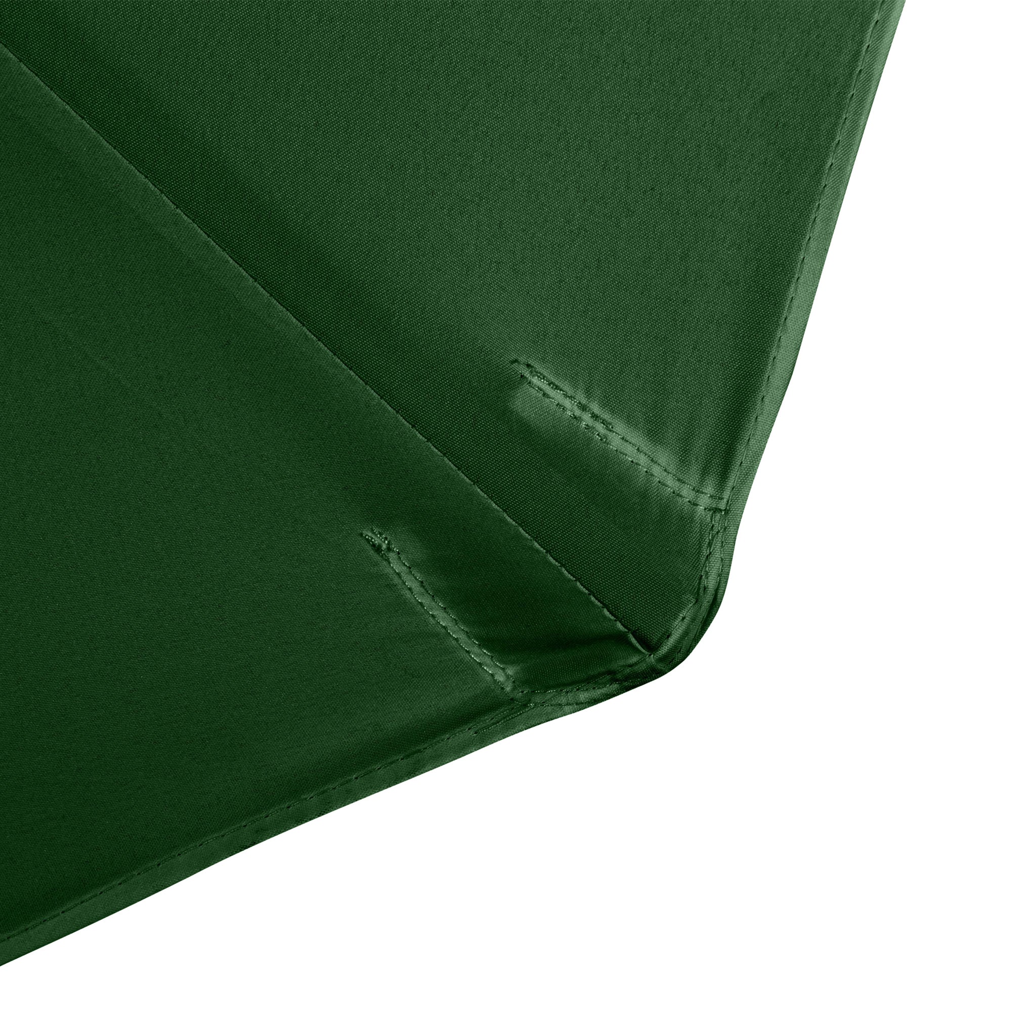 Close-up of a green fabric with stitched seams and a sharp corner, featuring a UV rating of 50+ and fade-resistant properties perfect for the Kratos 3m Round Wooden Parasol in Green.