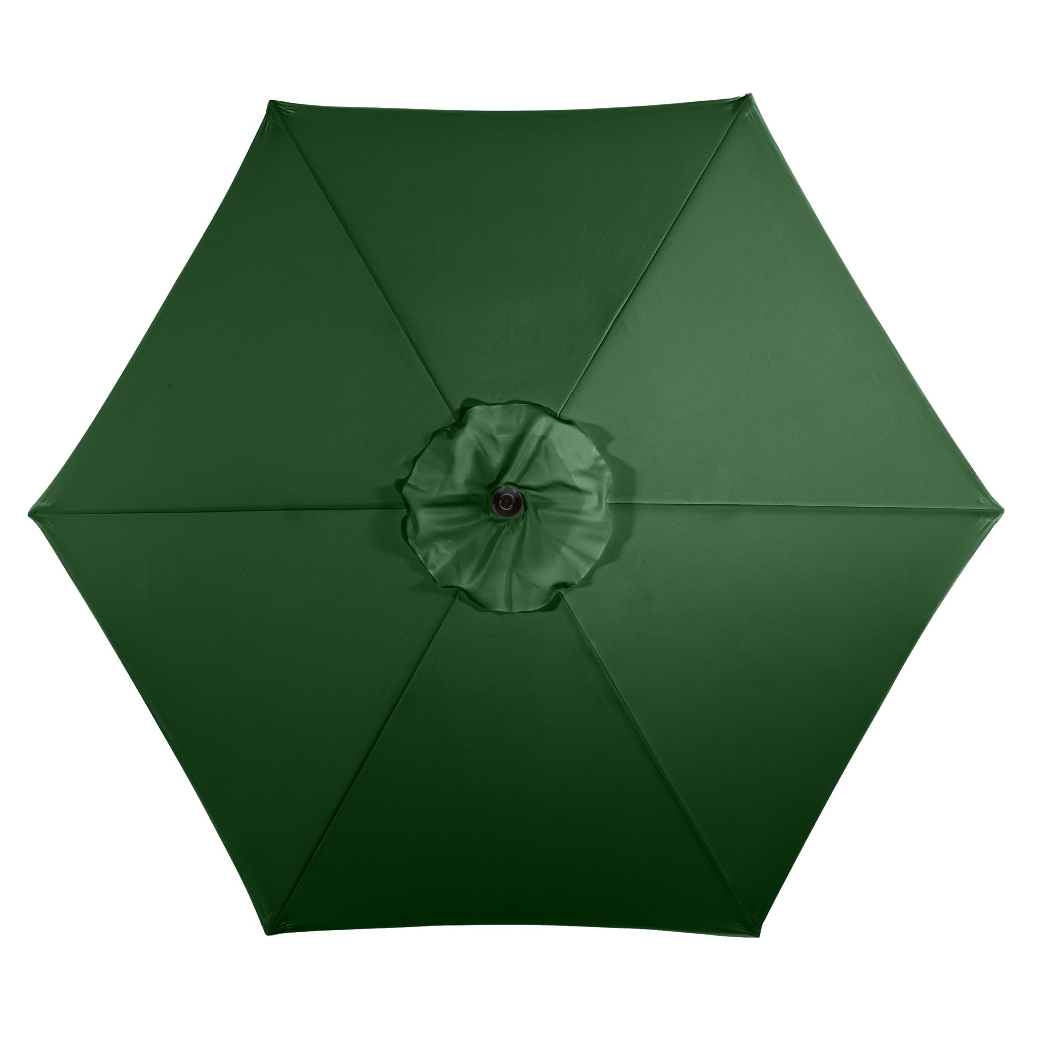 Green Triton 2.5m Round Aluminium Parasol viewed from the top with a central hub, featuring fade-resistant fabric and a UV rating of 50+.