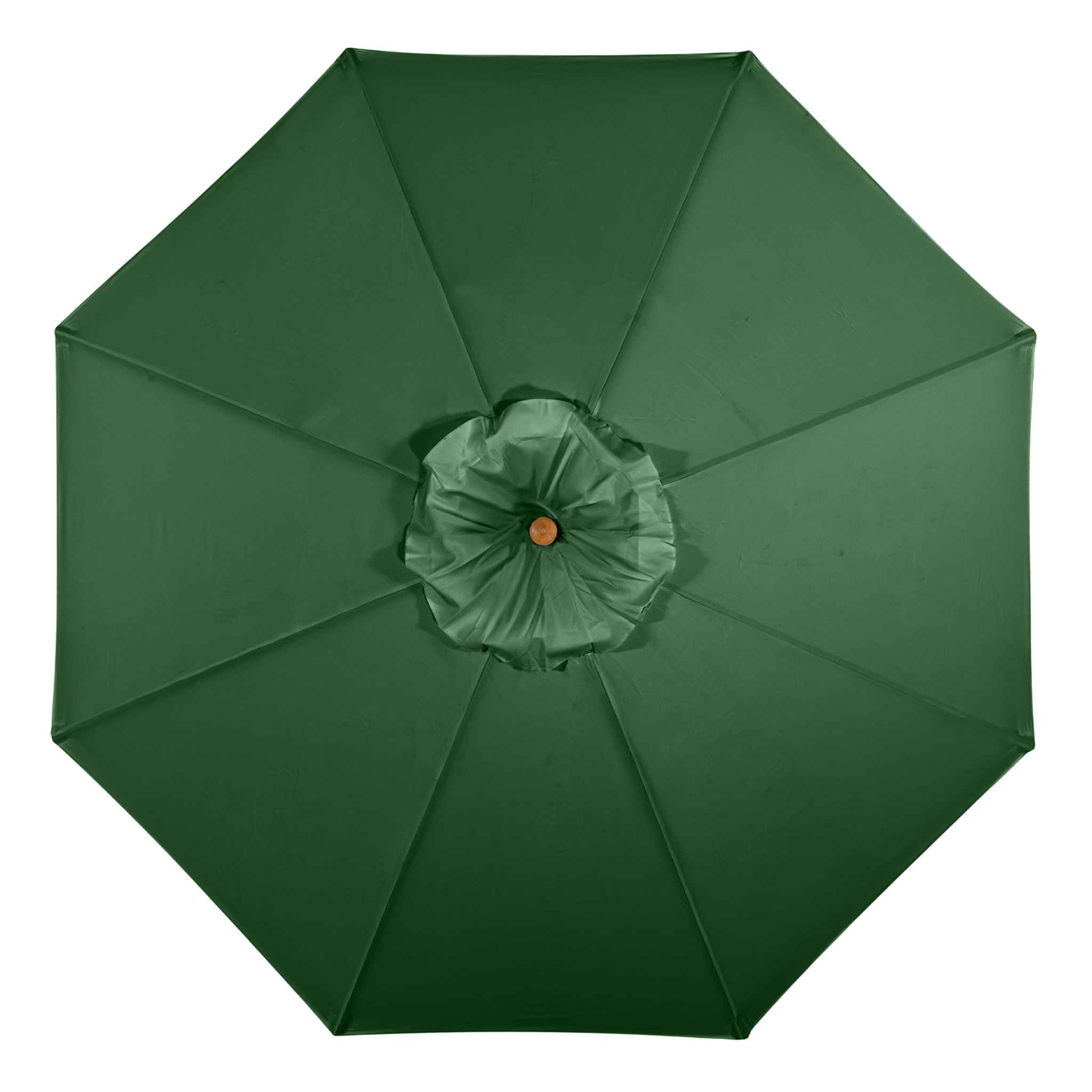 Top view of the Kratos 3m Round Wooden Parasol in Green with a central wooden hub and neatly arranged fabric folds around the center, featuring a UV rating of 50+ and fade-resistant material.