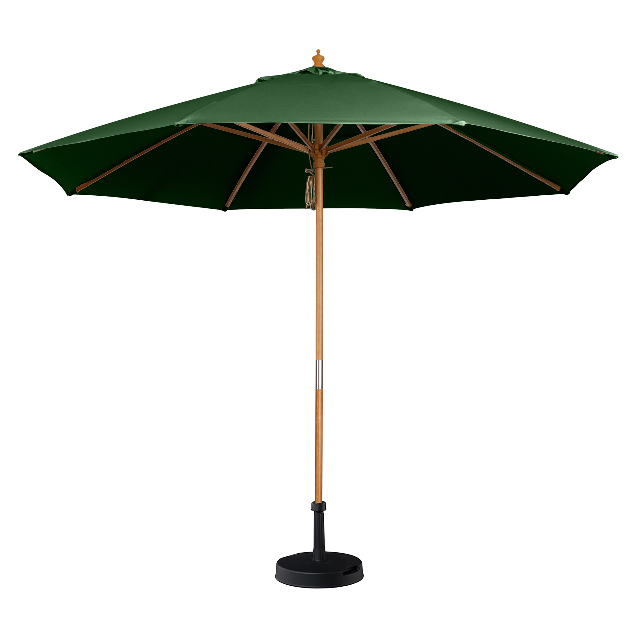 The Kratos 3m Round Wooden Parasol in Green is an outdoor patio umbrella featuring a wooden pole and a black round base. With a UV rating of 50+ and fade-resistant properties, it ensures long-lasting protection and style for your outdoor space.