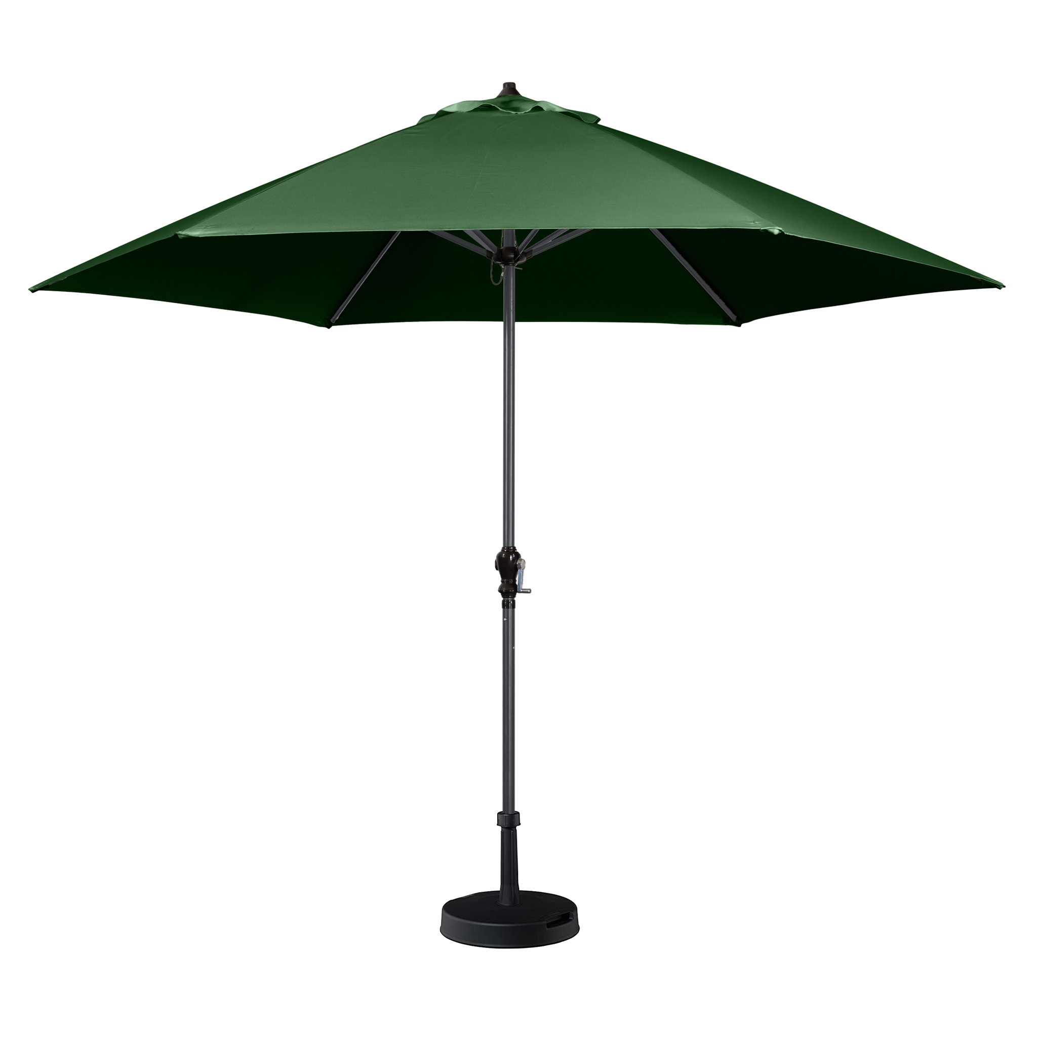 A green Triton 2.5m Round Aluminium Parasol with a black base, standing upright and fully open, boasts an impressive UV rating of 50+ and is made from fade-resistant fabric, ensuring long-lasting durability and sun protection.