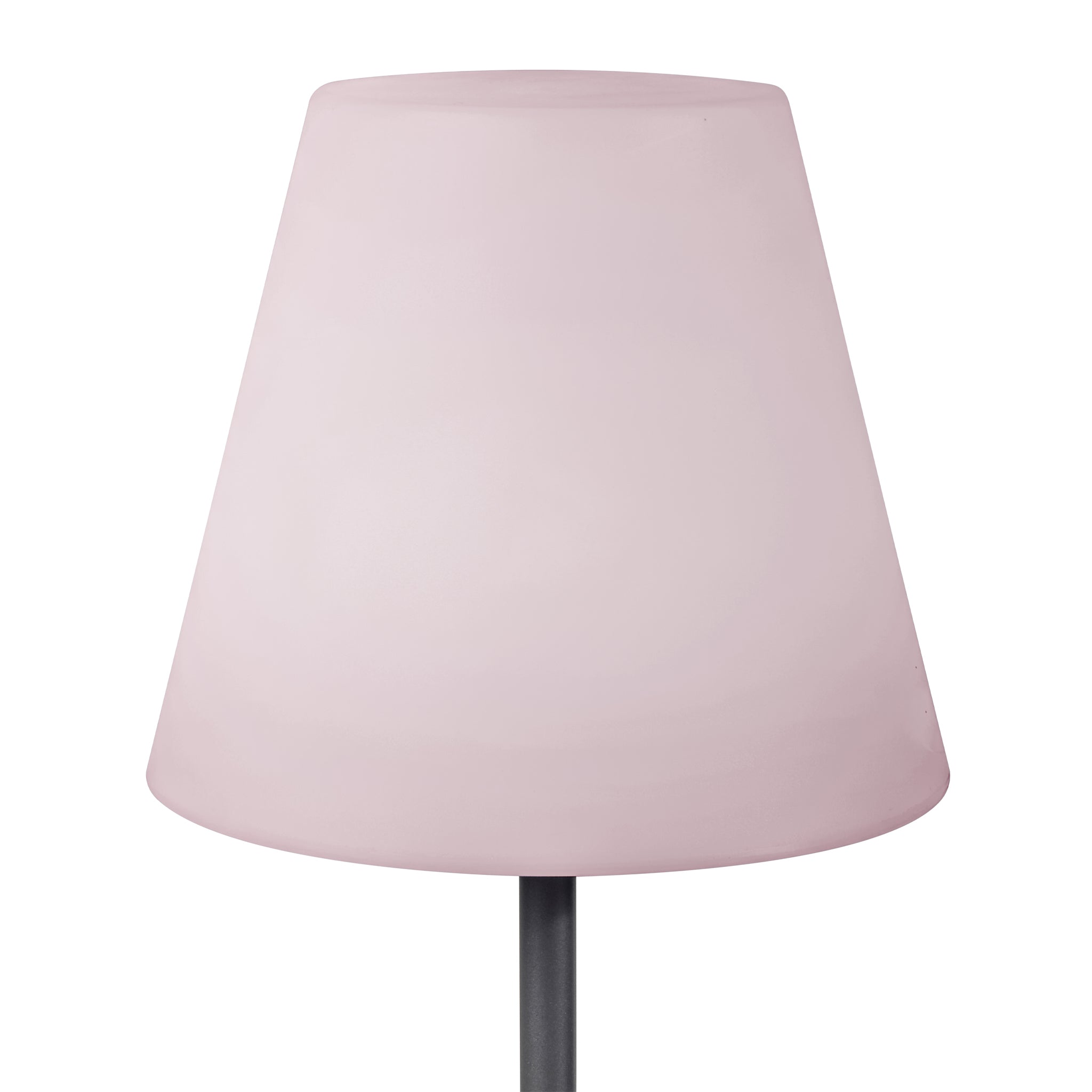 The Pacific Lifestyle Grey Metal Floor Lamp features a pink conical shade on a slim black stand, adding charm and elegance to your patio.