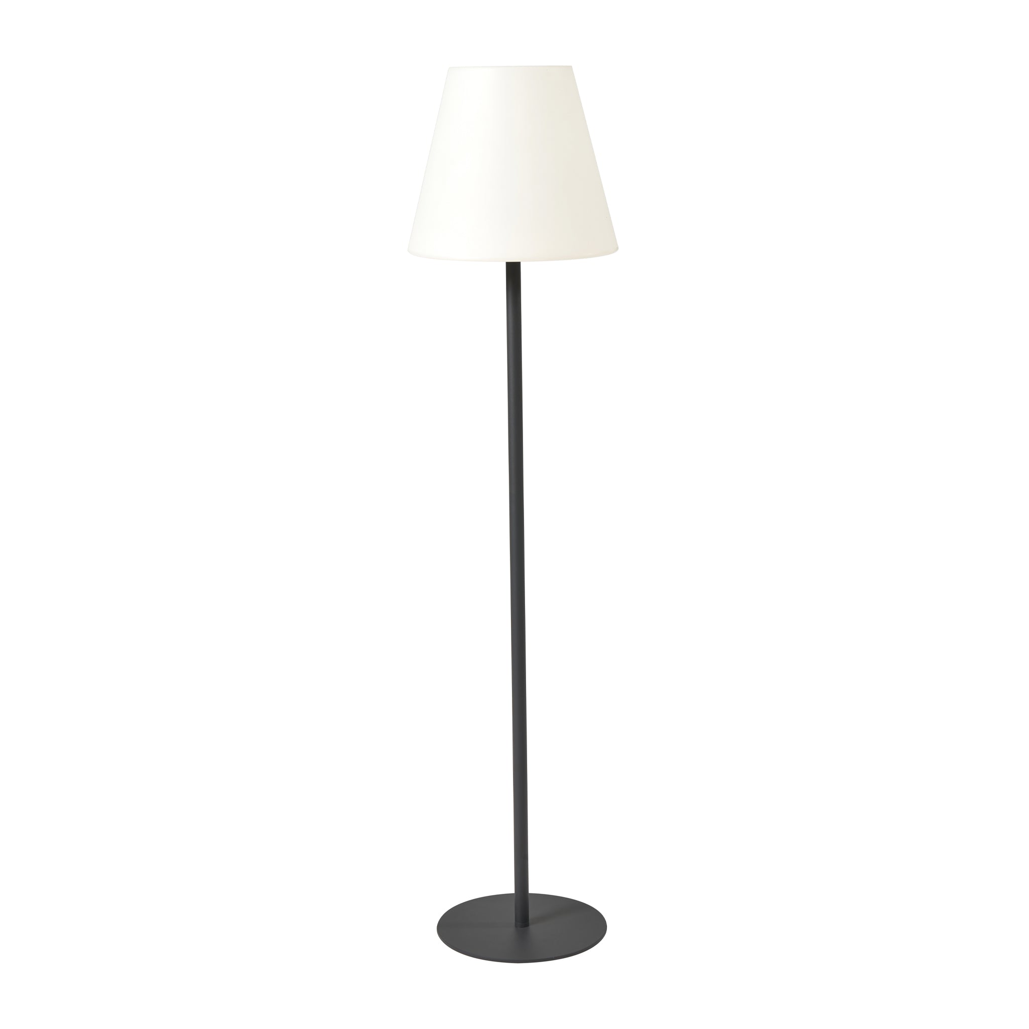 The Pacific Lifestyle Grey Metal Floor Lamp features a minimalist design with water resistance, black base, and white conical shade, ideal for stylish outdoor settings.