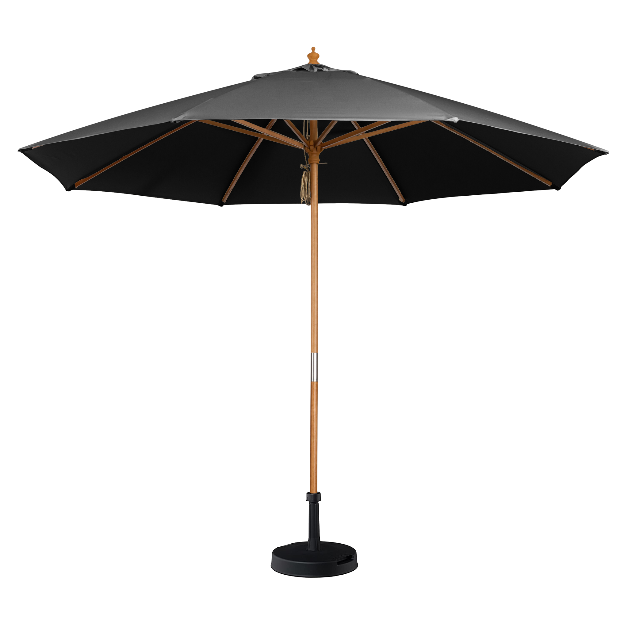 The Kratos 2.5m Round Wooden Parasol in Grey, featuring a fade-resistant fabric with UV rating 50+, comes with a wooden pole and a round black base, fully extended.