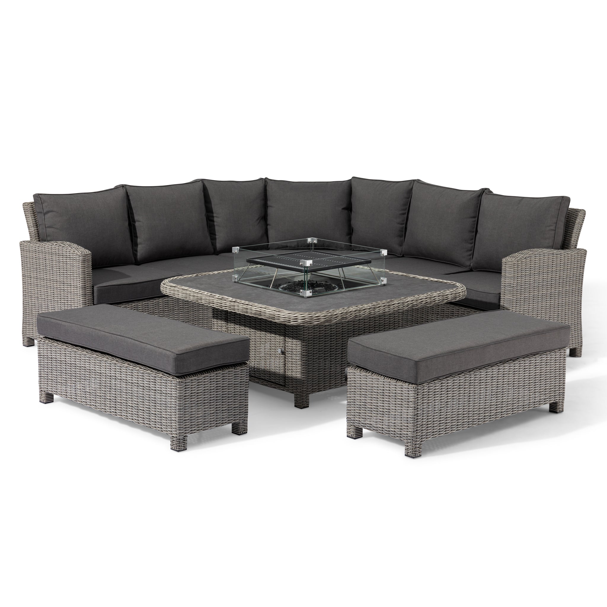 Santiago Deluxe Square Rattan Corner Dining Set with Rising Firepit Table in Grey