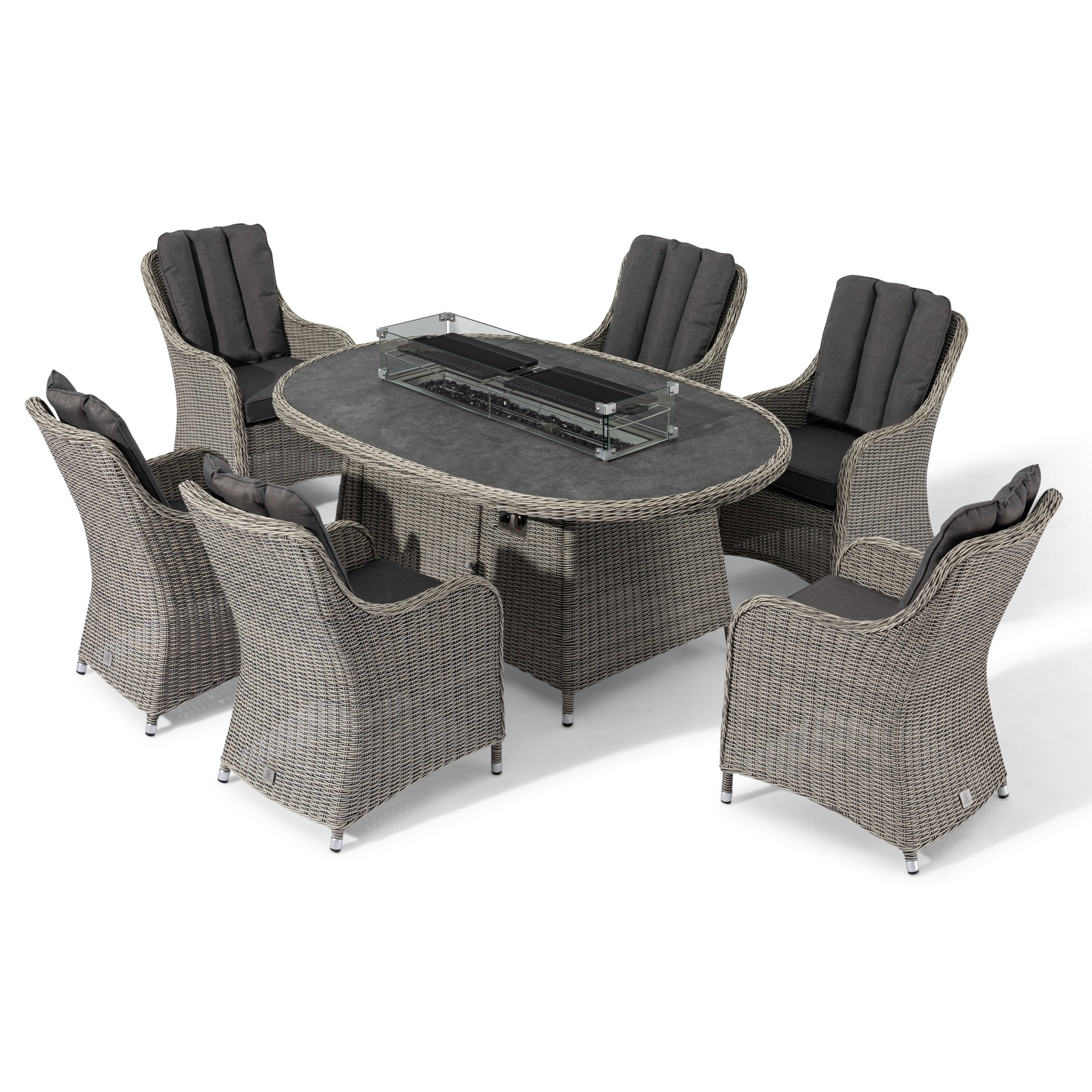 The Santiago 6 Seat Oval Rattan Firepit Dining Set in Grey includes six cushioned chairs and an oval table featuring a built-in glass-covered fire pit, all supported by durable aluminium powder-coated frames.