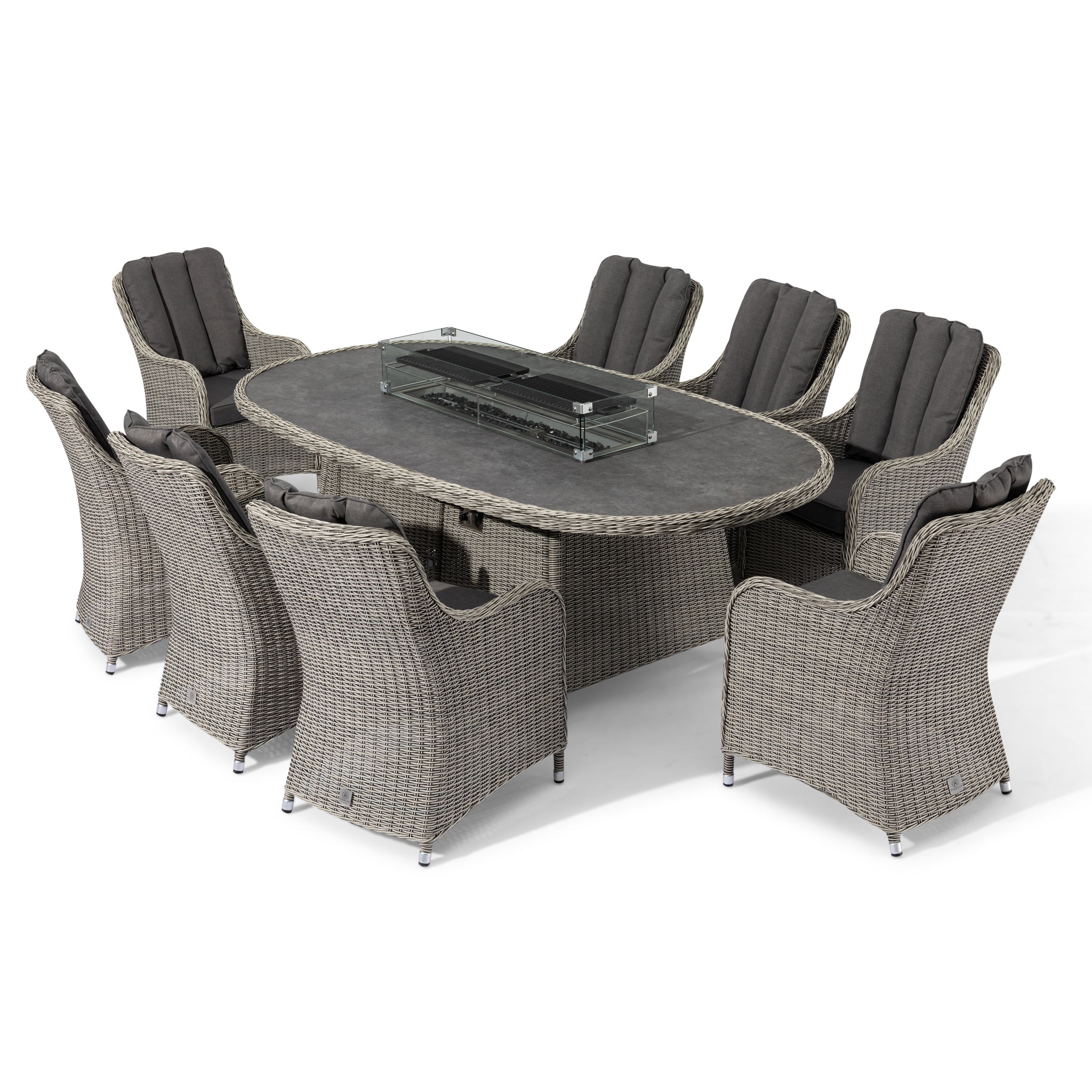 Santiago 8 Seat Rattan Oval Firepit Dining Set in Grey