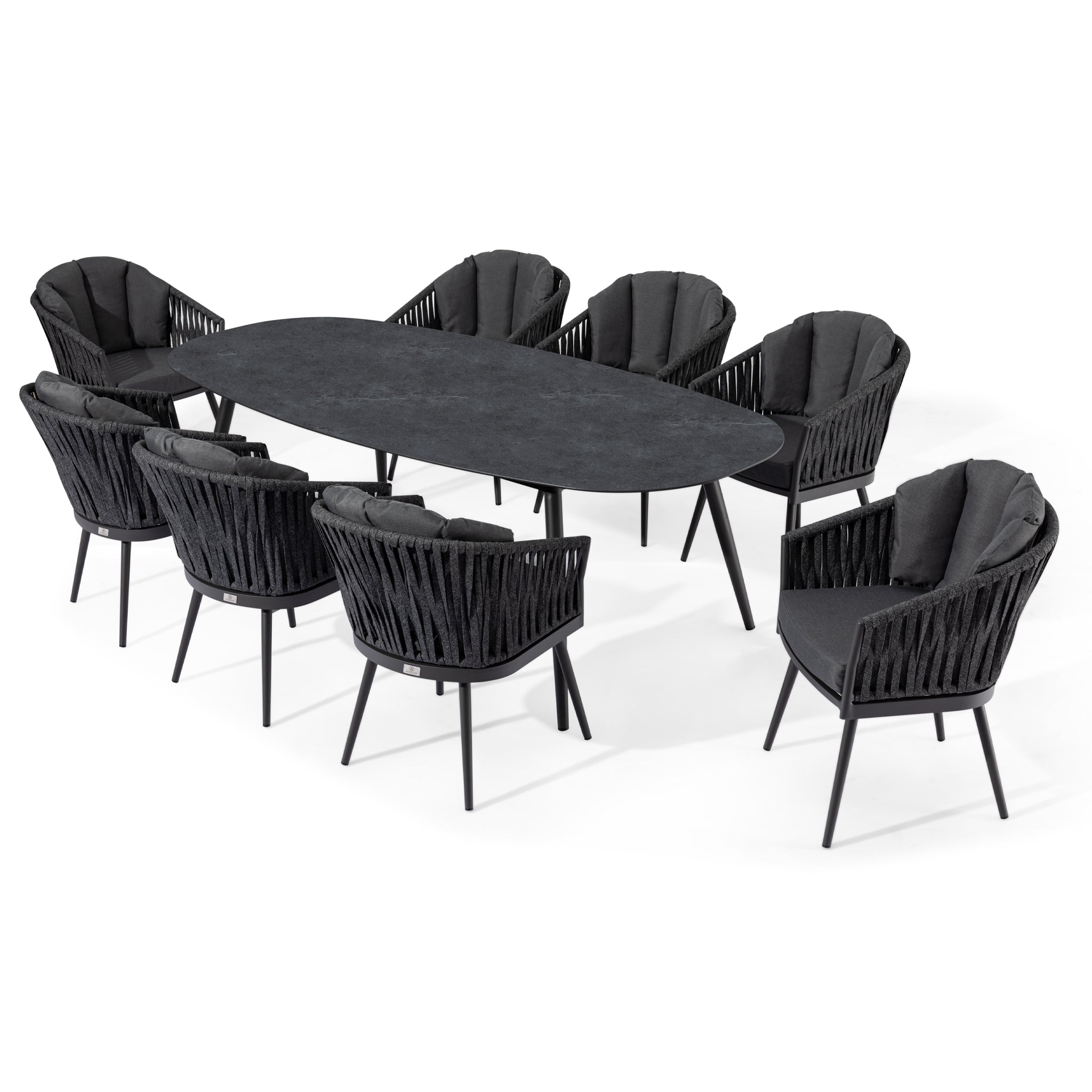 An eight-seater Monterrey outdoor rope dining set with an oval grey ceramic table, complete with matching cushions for each chair.