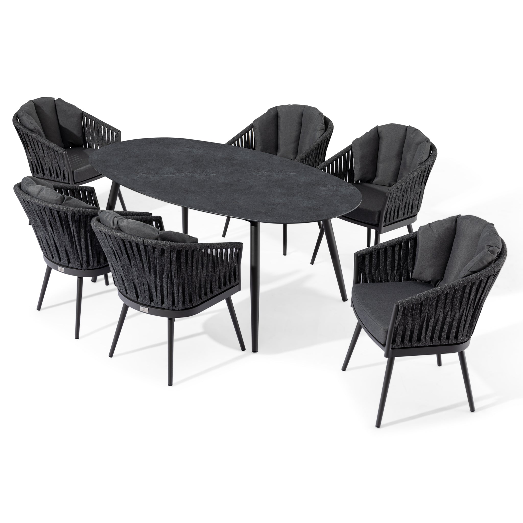 The Monterrey 6 Seat Rope Dining Set with Oval Ceramic Table in Grey features a stylish grey oval dining table paired with six matching cushioned chairs, each designed with reflex foam fillings for enhanced comfort. The chairs are elegantly finished in durable outdoor rope fabric, making it an ideal choice for both indoor and outdoor gatherings.