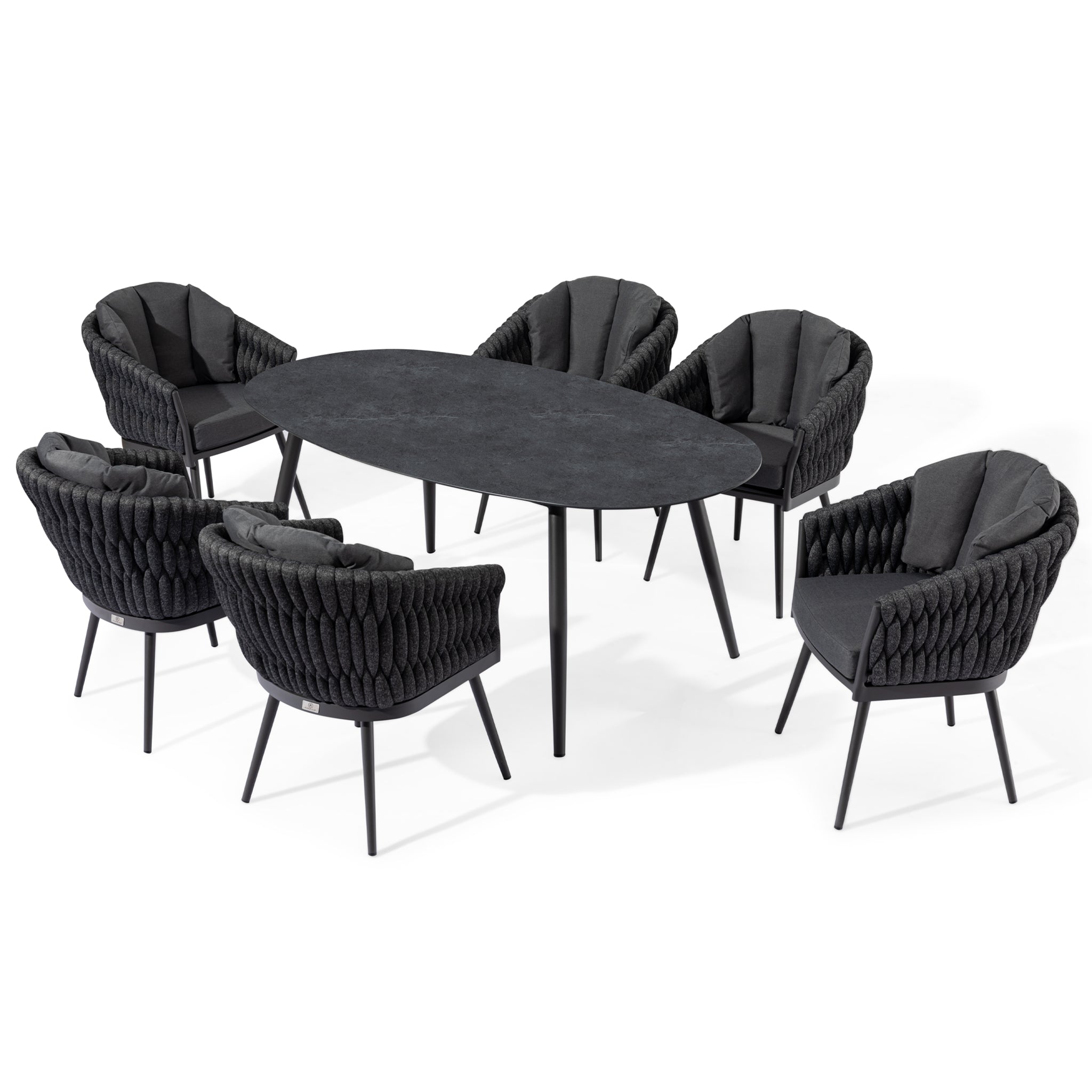 Palma 6 Seat Rope Oval Dining Set with Ceramic Table in Grey