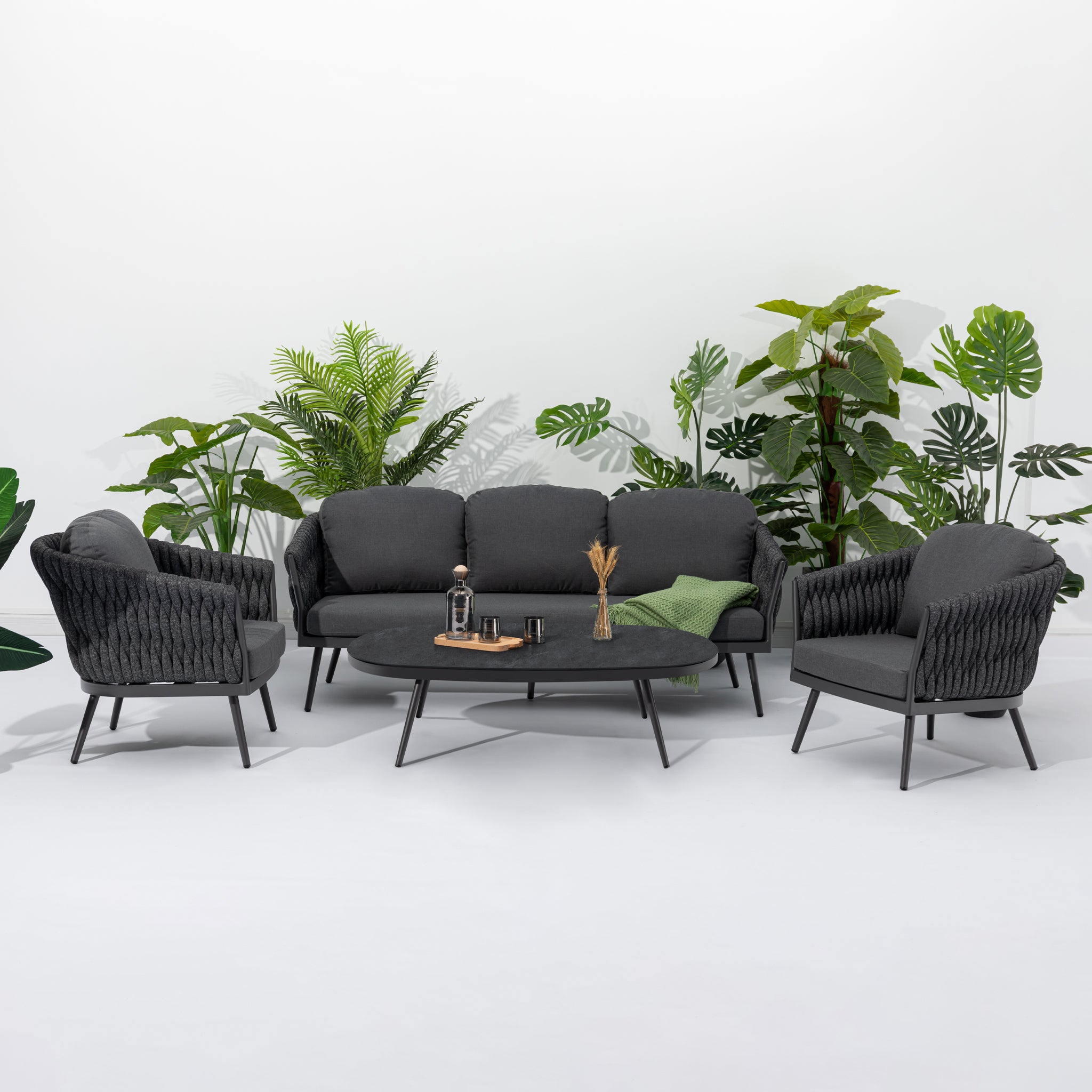 Palma 3 Seat Rope Sofa Set with Ceramic Table in Grey